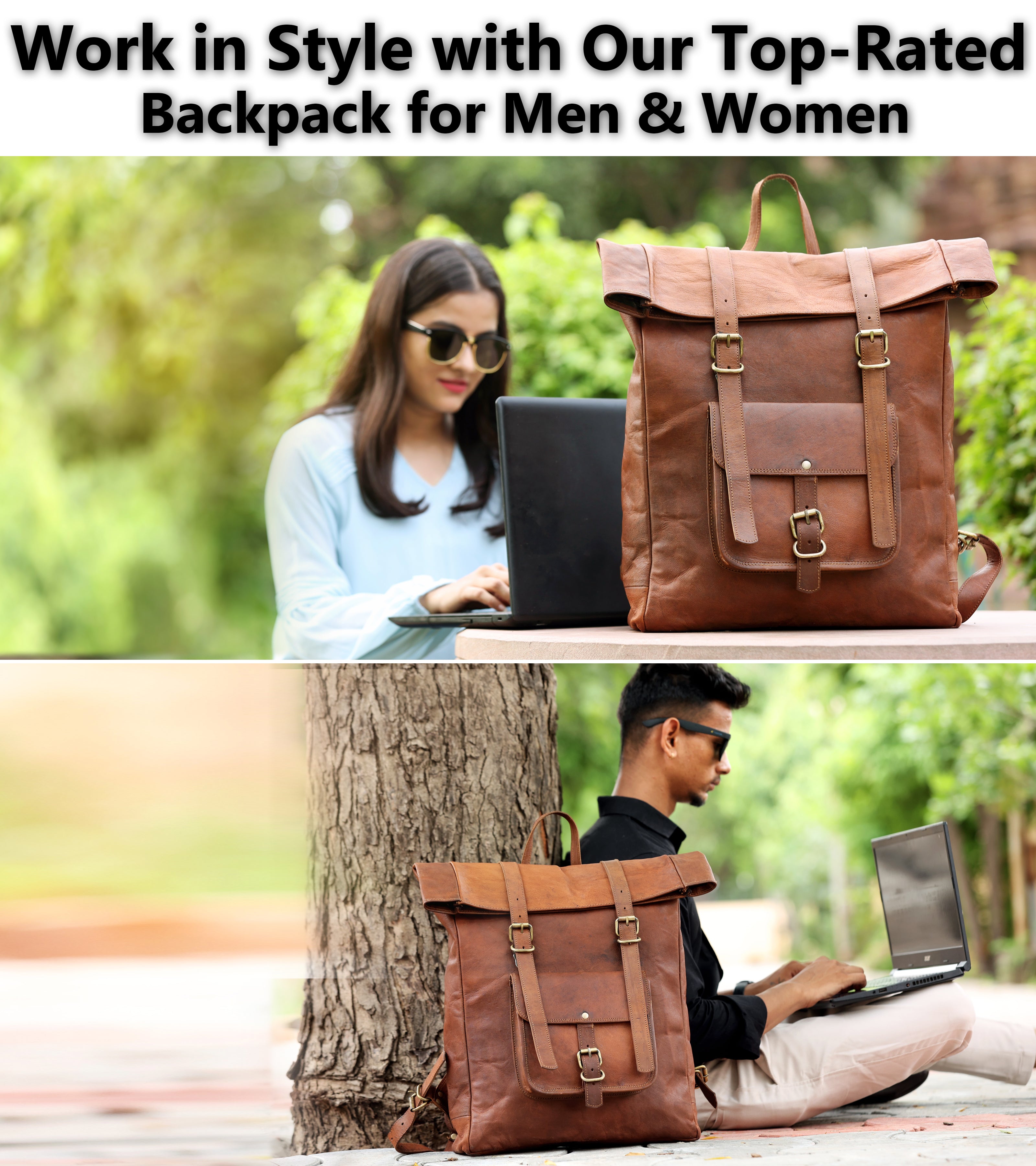 DEKVIO 20" Roll-Top Leather Backpack | Handcrafted Genuine Leather Laptop Rucksack for Men & Women | Travel, Work & College Bag | Brown, Coffee, Tan, Black