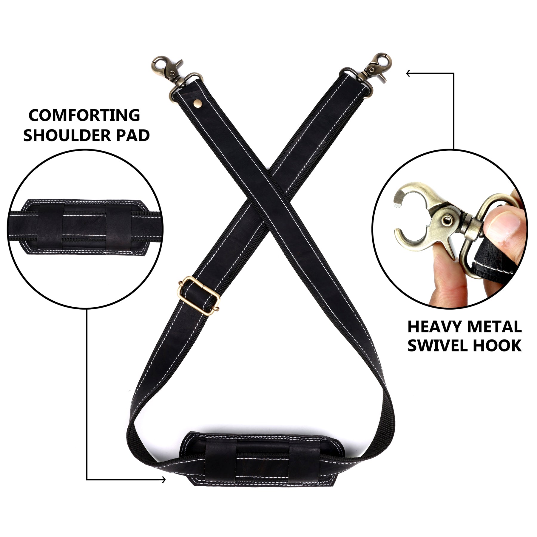 DEKVIO White-Stitch Genuine Leather Replacement Shoulder Strap | Universal Adjustable Crossbody Strap for Duffle, Messenger, Laptop & Briefcase Bags