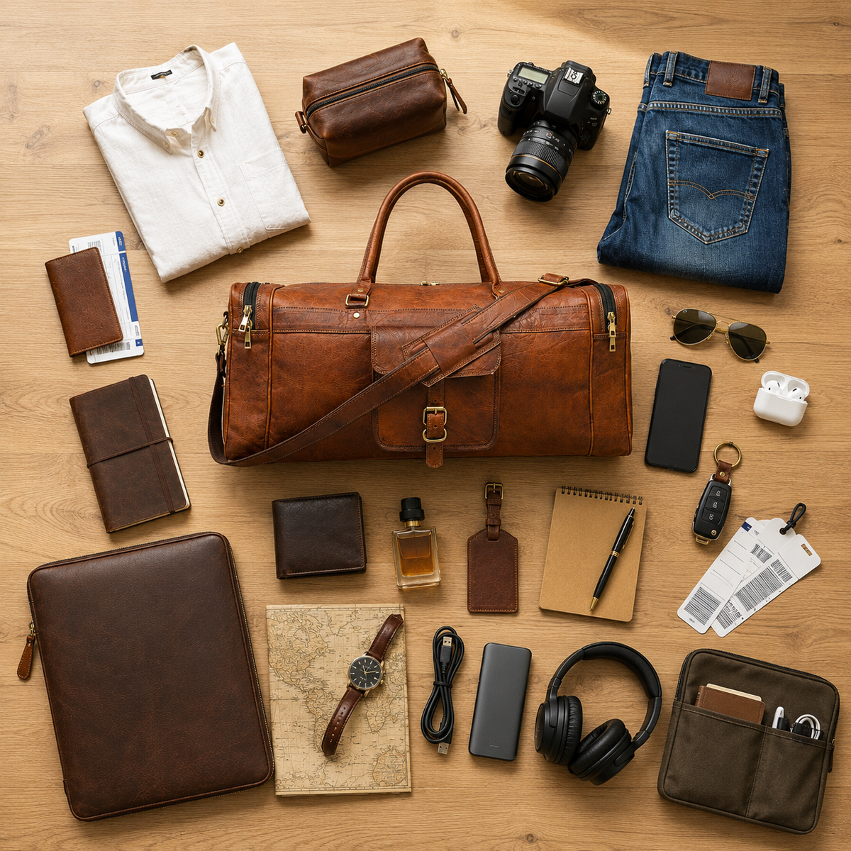 DEKVIO brown leather duffle bag flat lay packed for weekend travel