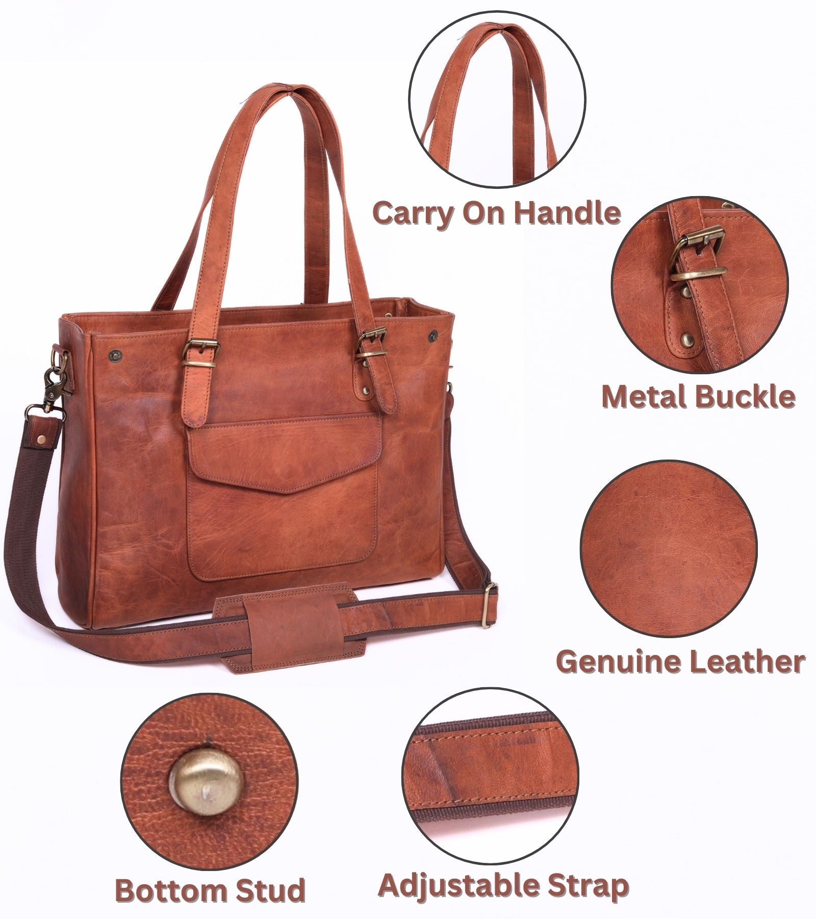 DEKVIO Leather Laptop Tote Bag for Women 15.6 Inch Shoulder Handbag Genuine Leather Work Bag Office Purse with Crossbody Strap