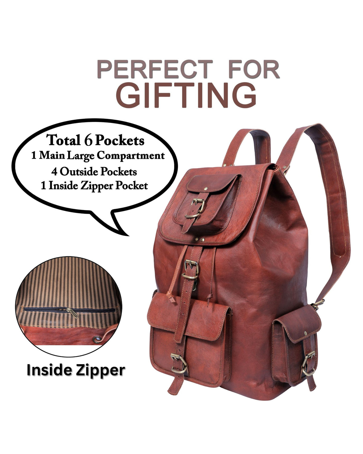 DEKVIO leather backpack pocket layout: 1 main compartment, 4 outside pockets and 1 inside zipper pocket