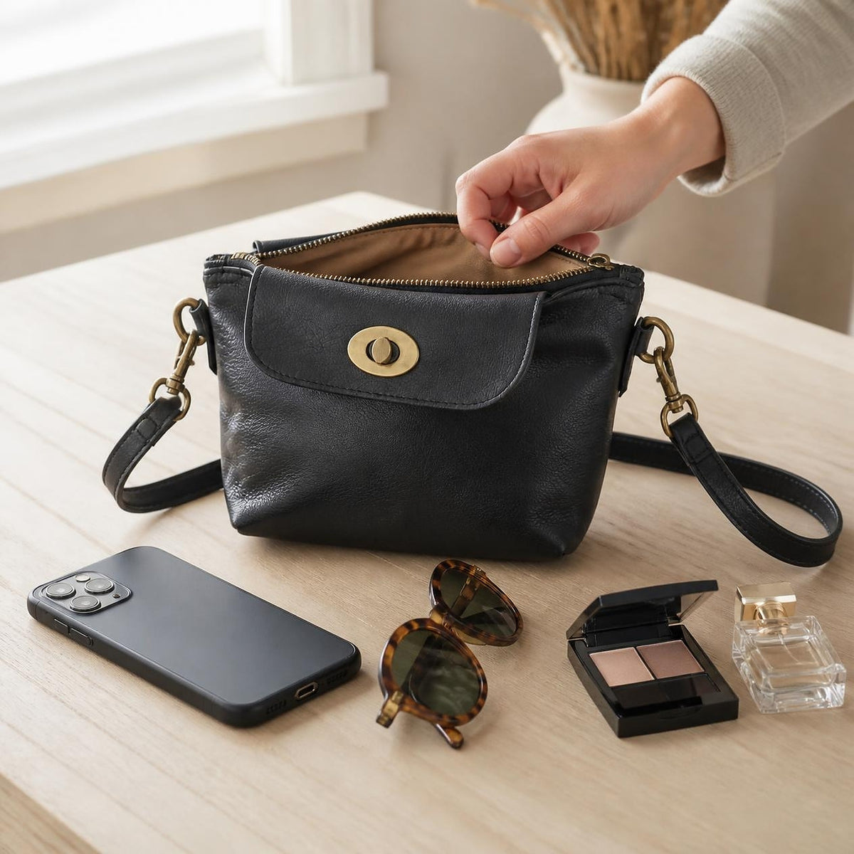 DEKVIO 10" Multi-Pocket Genuine Leather Crossbody Purse with Turn-Lock