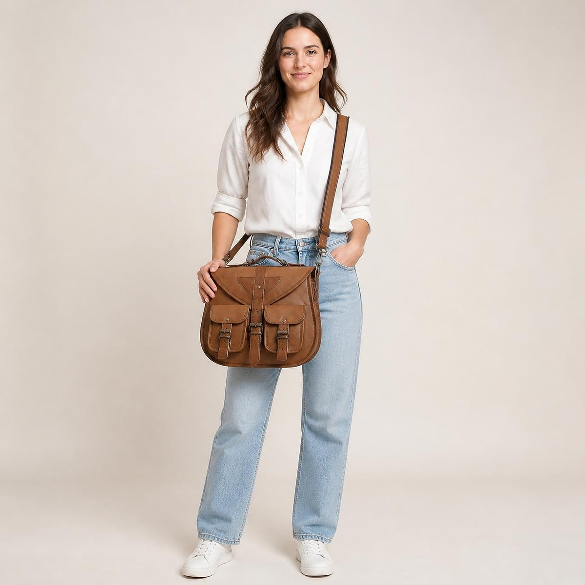 DEKVIO 13" Full-Grain Leather Crossbody Handbag for Women