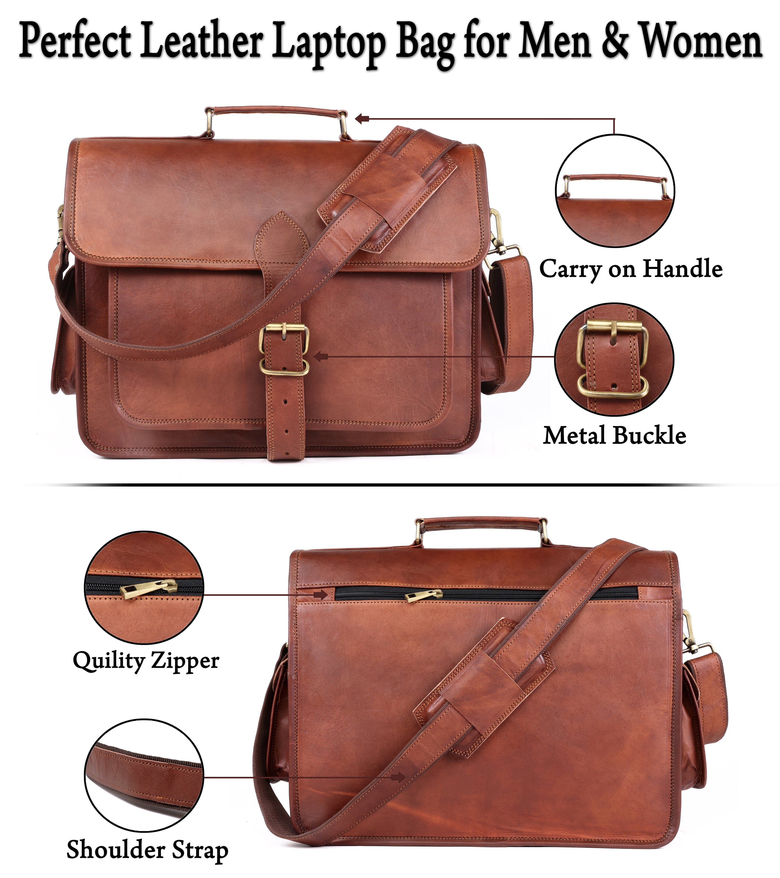 DEKVIO Leather Messenger Bag 15.6 Inch Laptop Briefcase for Men Women Vintage Shoulder Bag Office Crossbody Satchel