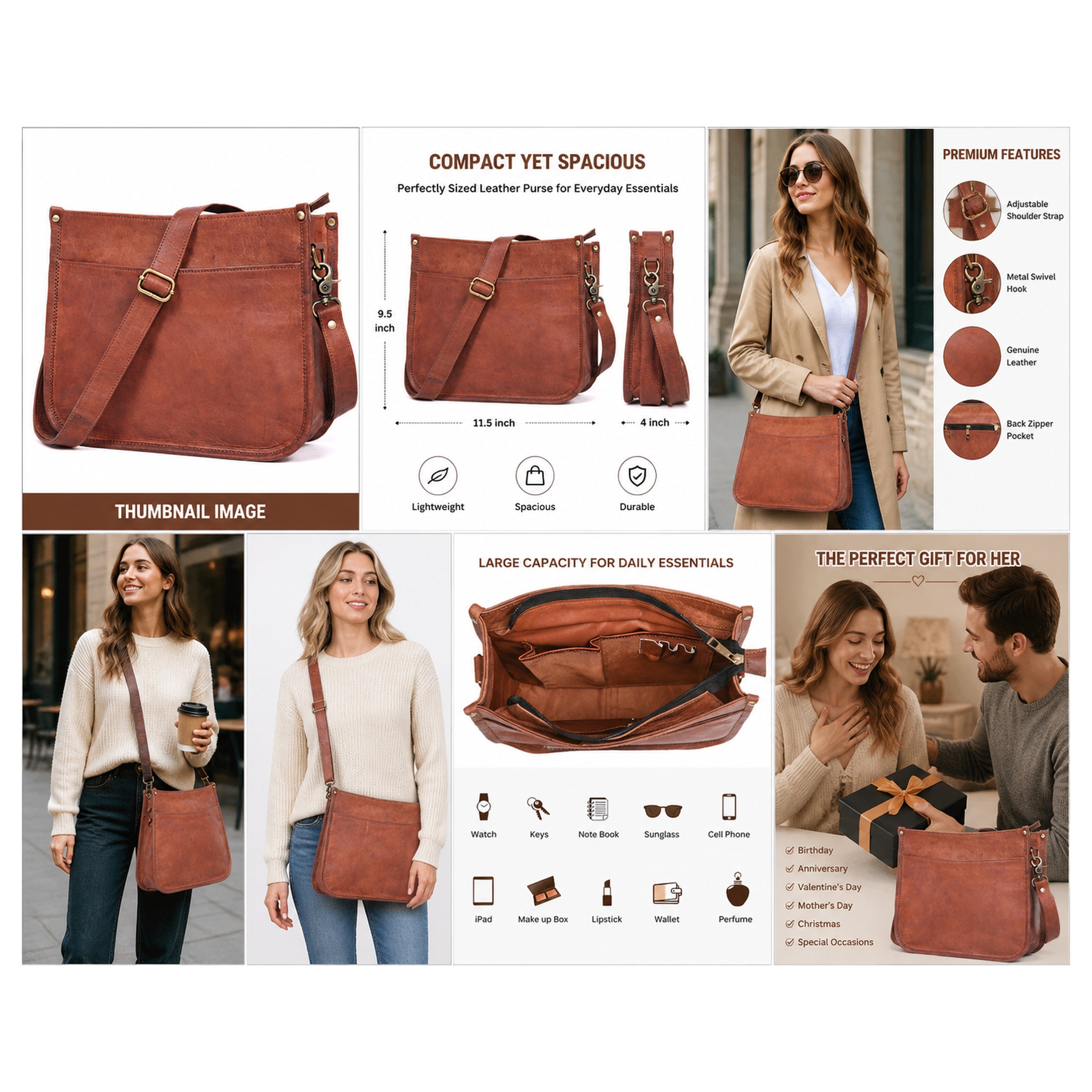 DEKVIO Leather Messenger Crossbody Bag for Women | Full Grain Genuine Leather Shoulder Purse | Adjustable Strap | Brown, Coffee, Tan, Black