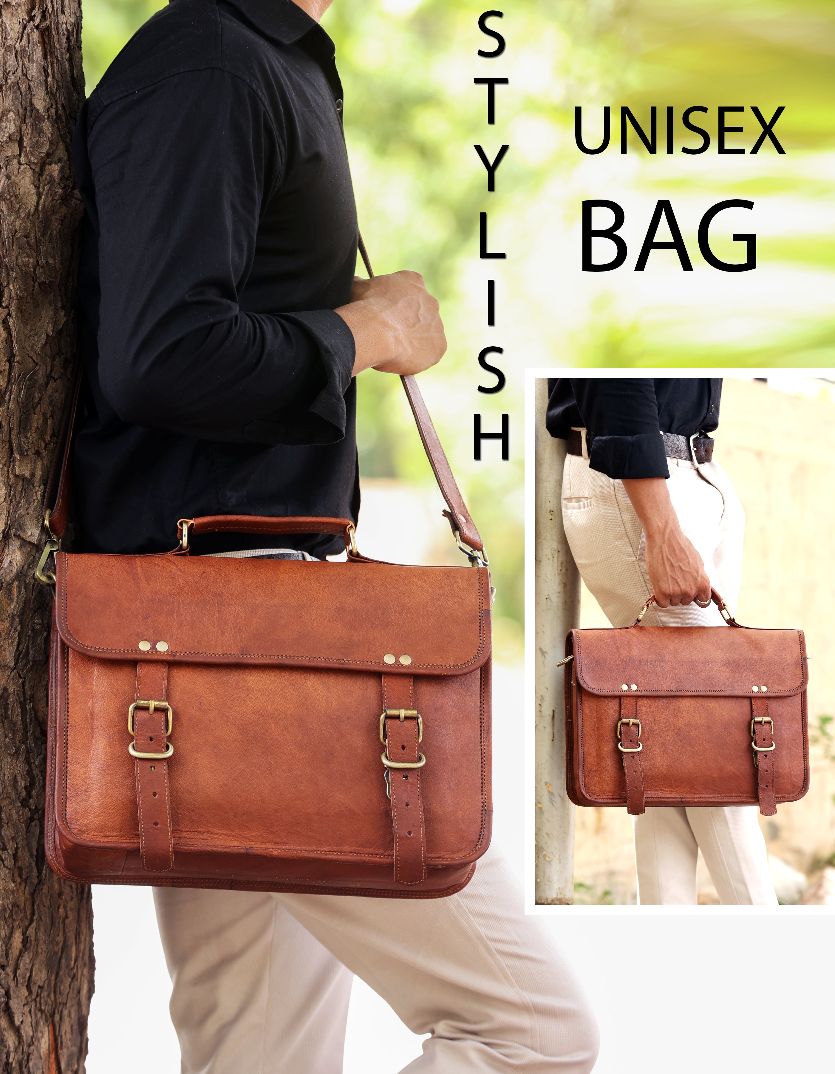 DEKVIO Leather Messenger Bag for Men Women 14 Inch Laptop Satchel Briefcase Vintage Shoulder Crossbody Bag