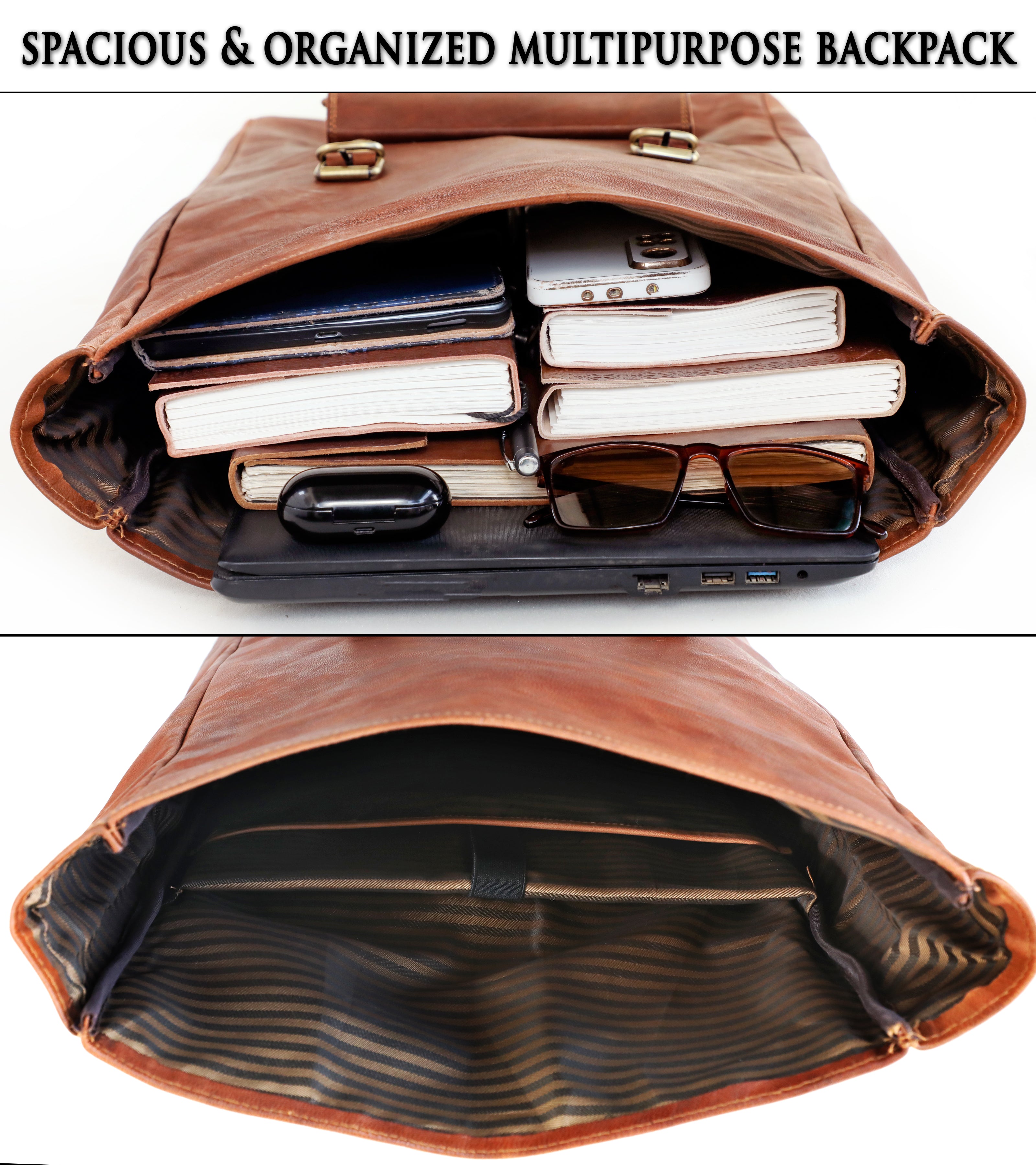 DEKVIO 20" Roll-Top Leather Backpack | Handcrafted Genuine Leather Laptop Rucksack for Men & Women | Travel, Work & College Bag | Brown, Coffee, Tan, Black