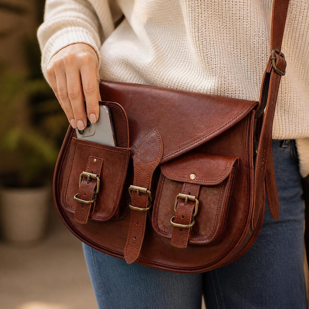 DEKVIO Full-Grain Leather Twin-Pocket Saddle Crossbody Bag for Women