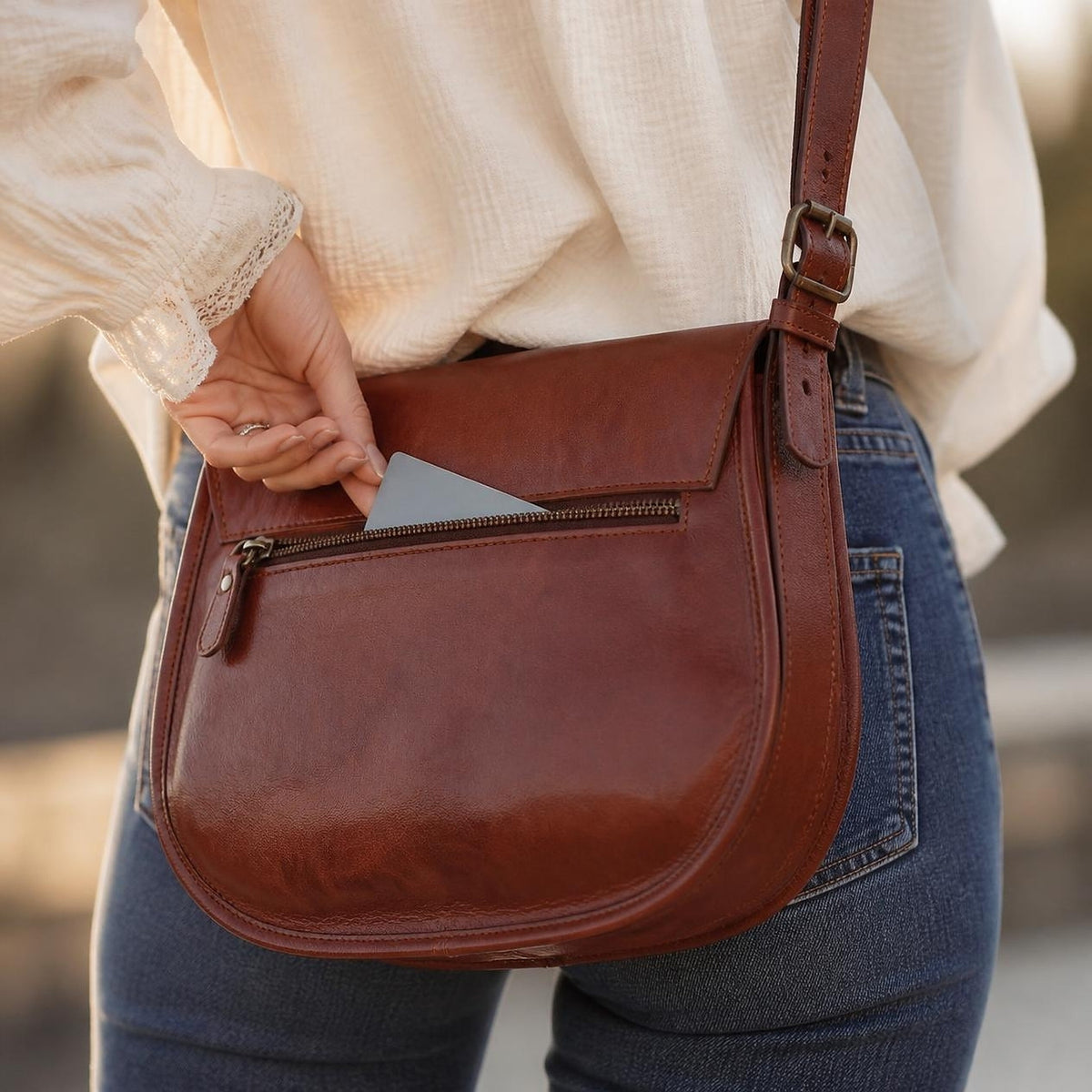 DEKVIO Full-Grain Leather Twin-Pocket Saddle Crossbody Bag for Women