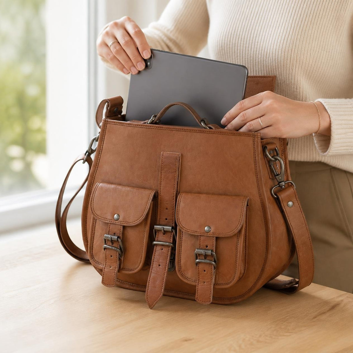 DEKVIO 13" Full-Grain Leather Crossbody Handbag for Women