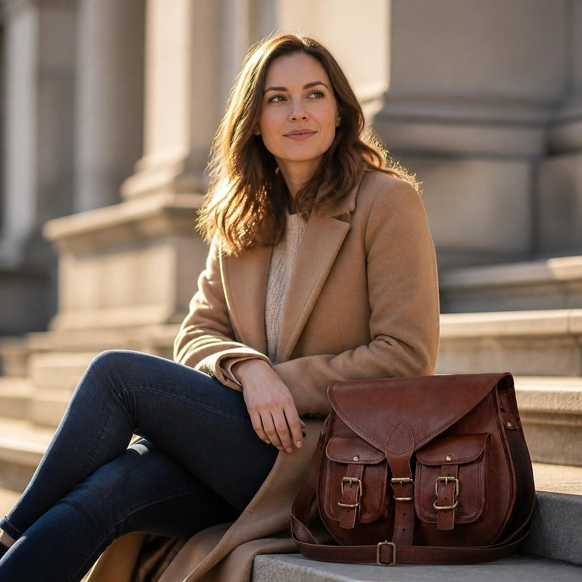 DEKVIO Full-Grain Leather Twin-Pocket Saddle Crossbody Bag for Women