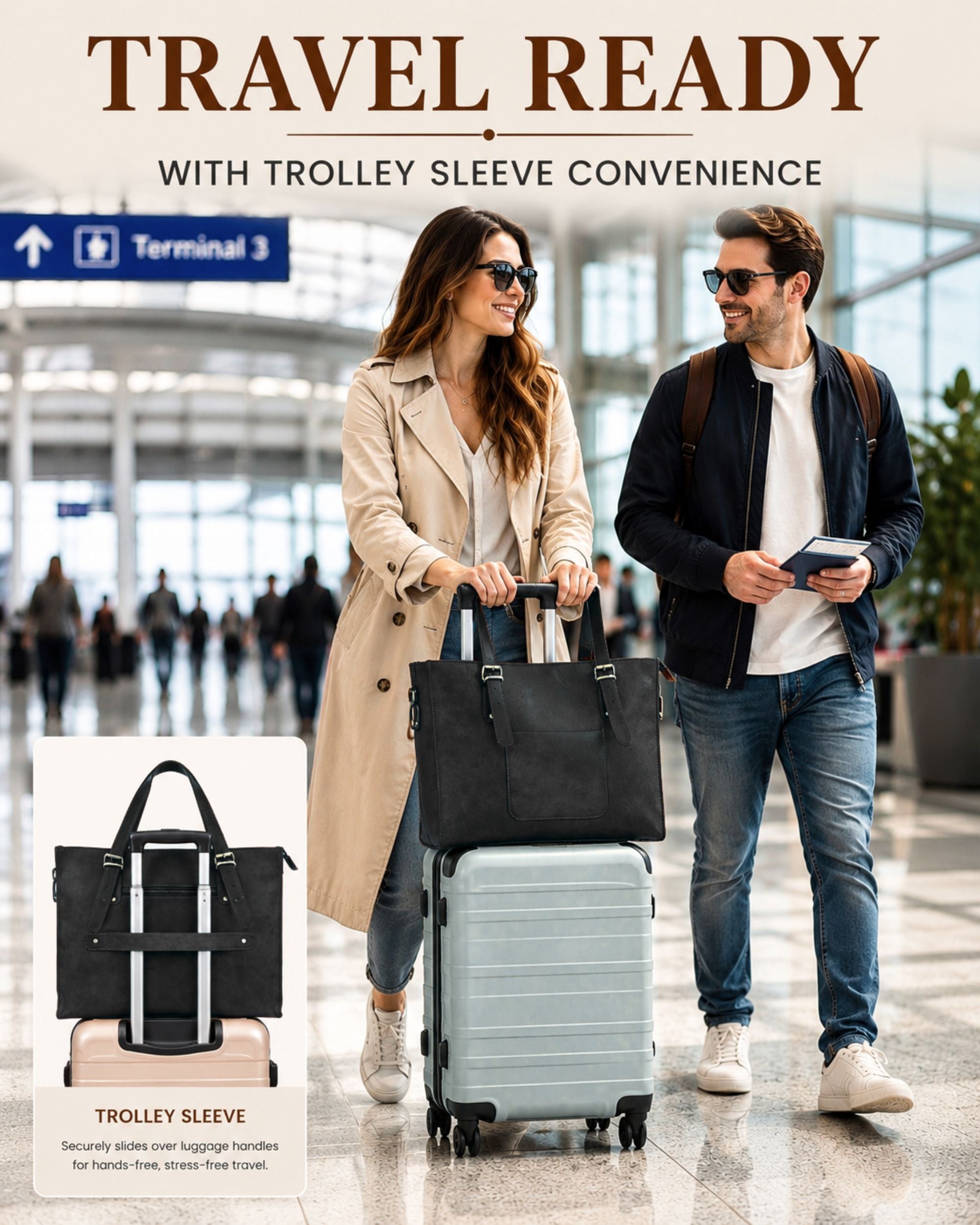 DEKVIO Leather Laptop Tote Bag for Women 15.6 Inch Work Bag Shoulder Handbag with Trolley Sleeve Office Travel Purse