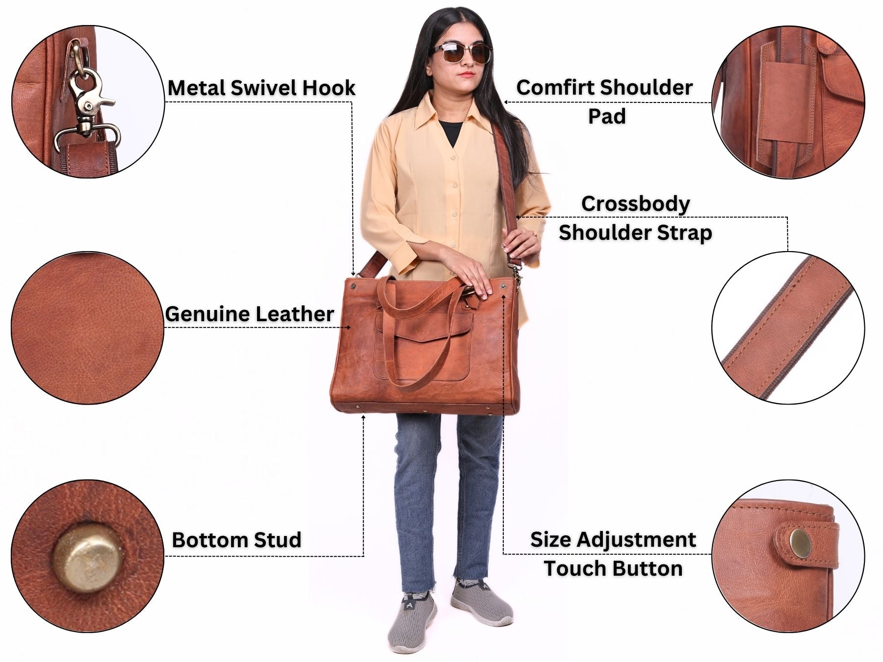 DEKVIO Leather Laptop Tote Bag for Women 15.6 Inch Shoulder Handbag Genuine Leather Work Bag Office Purse with Crossbody Strap