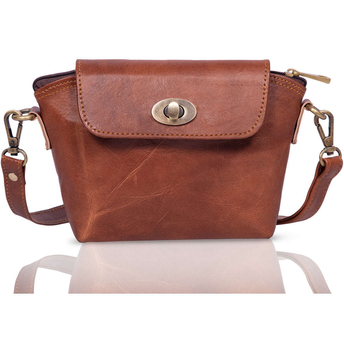 DEKVIO 10" Multi-Pocket Genuine Leather Crossbody Purse with Turn-Lock