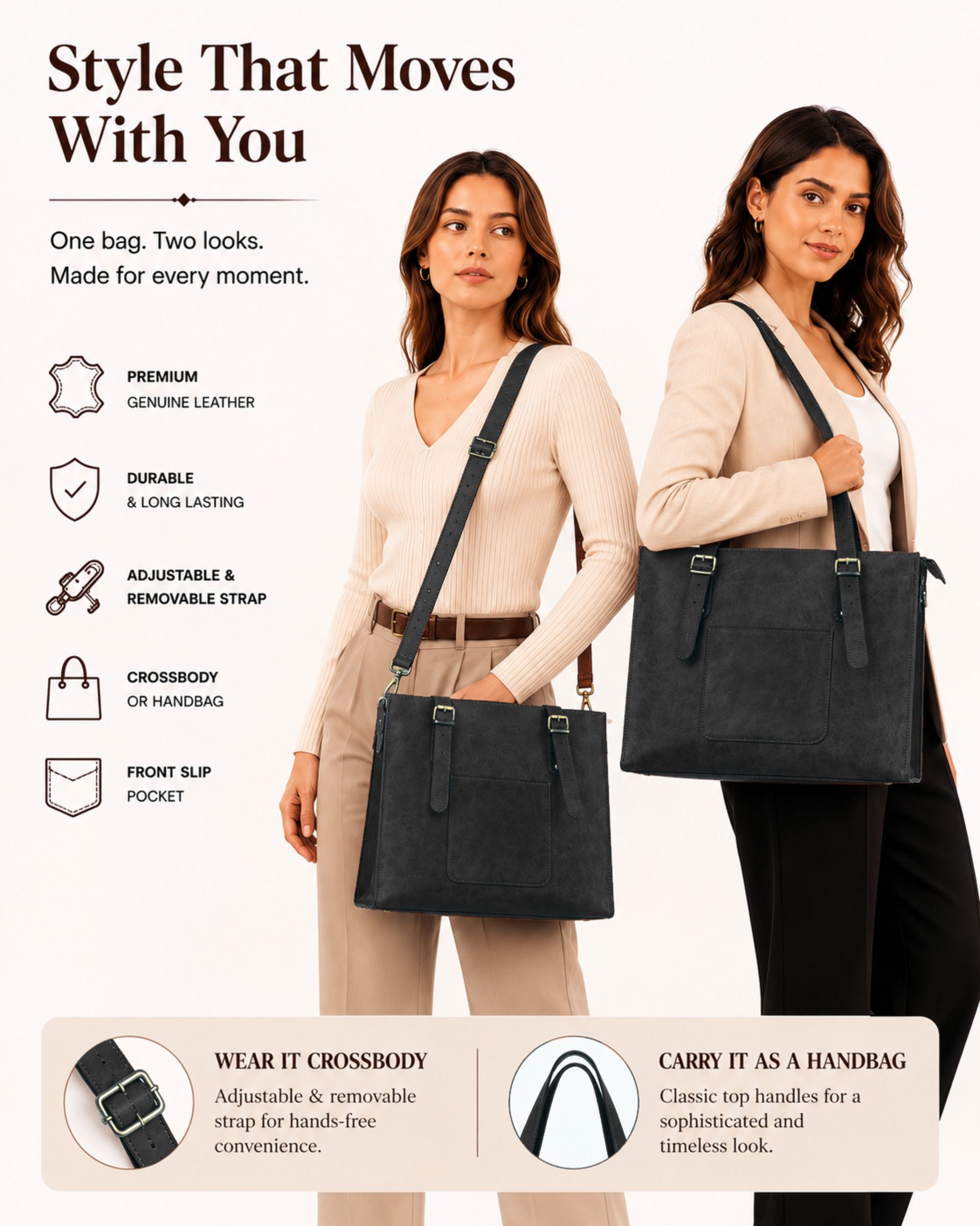 DEKVIO Leather Laptop Tote Bag for Women 15.6 Inch Work Bag Shoulder Handbag with Trolley Sleeve Office Travel Purse