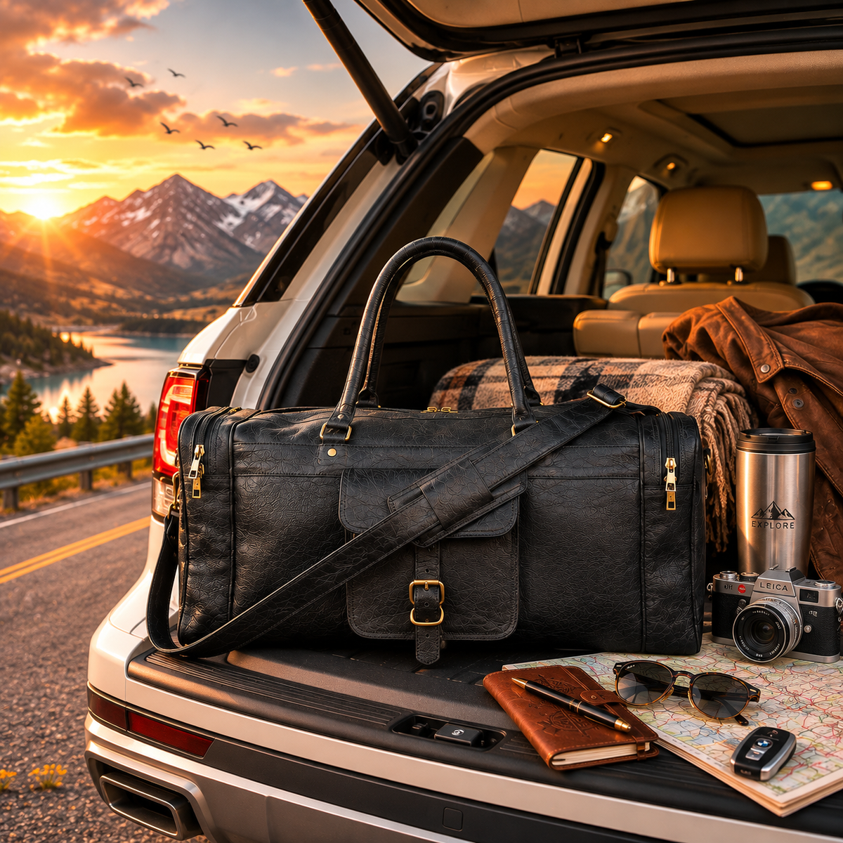 DEKVIO black leather duffle bag in car trunk on mountain road trip