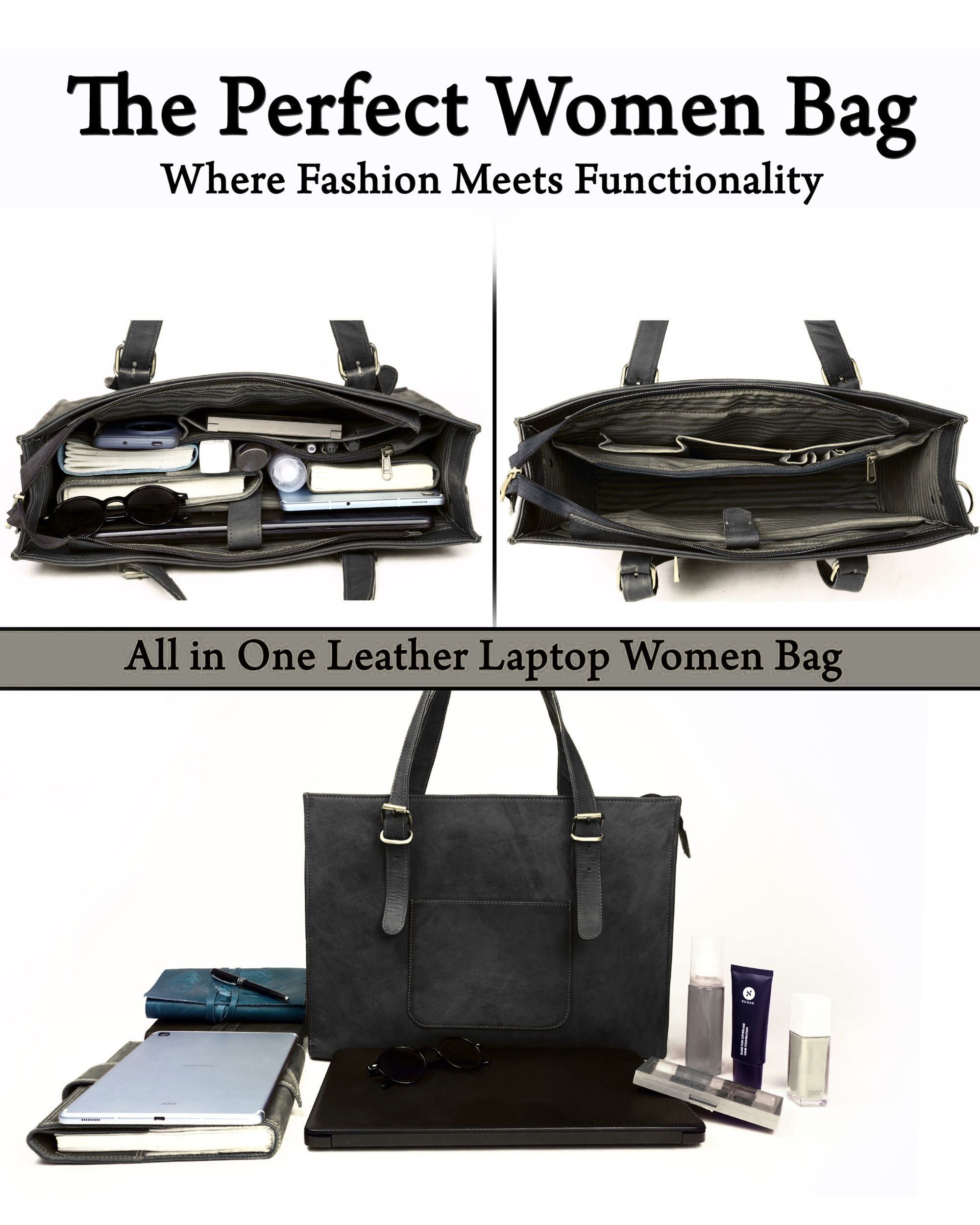 DEKVIO Leather Laptop Tote Bag for Women 15.6 Inch Work Bag Shoulder Handbag with Trolley Sleeve Office Travel Purse