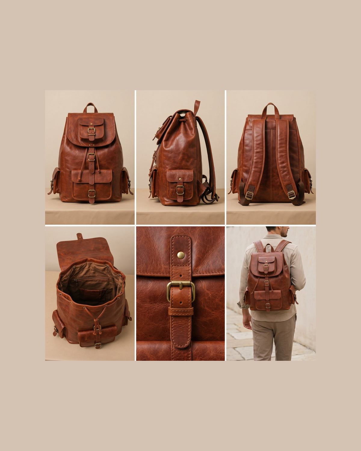All views of the DEKVIO leather backpack: front, back, side, interior and hardware close-ups