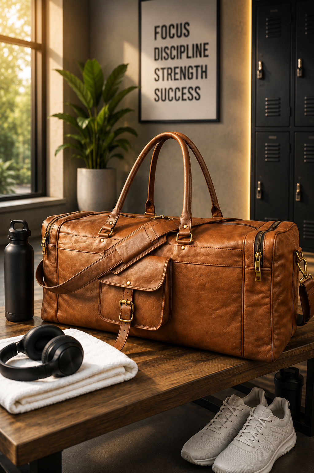 DEKVIO tan leather gym duffle bag on bench with workout gear
