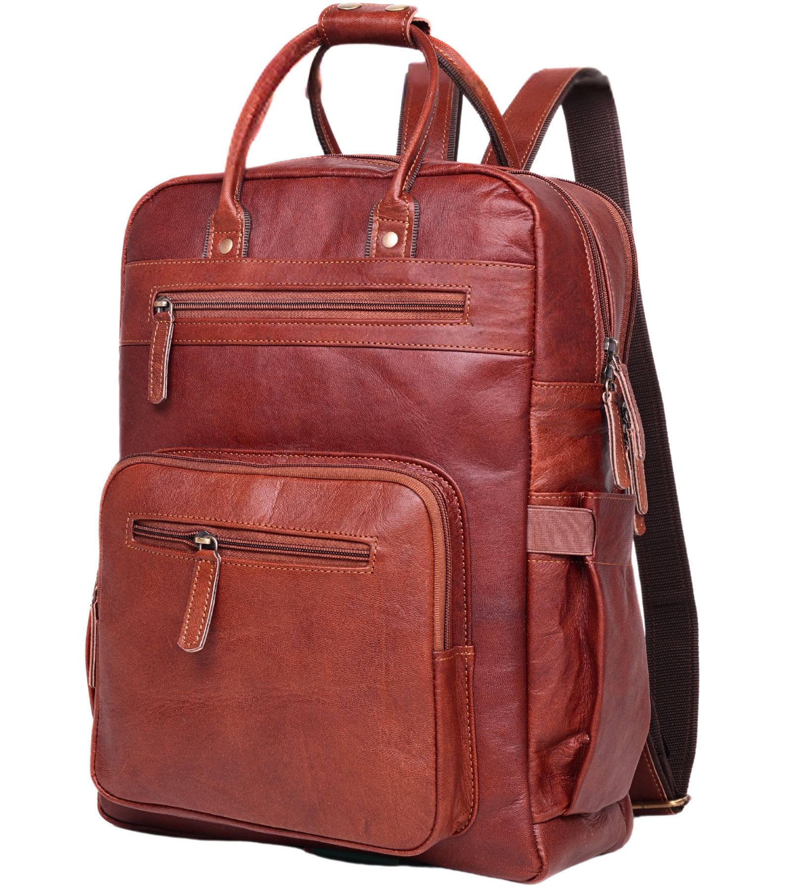 DEKVIO 17 inch triple buckle leather backpack coffee dark brown front view white background
