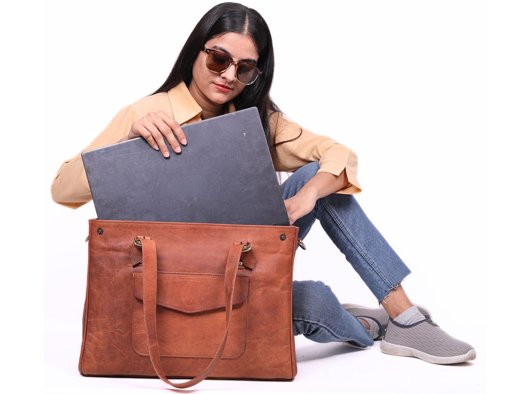 DEKVIO Leather Laptop Tote Bag for Women 15.6 Inch Shoulder Handbag Genuine Leather Work Bag Office Purse with Crossbody Strap