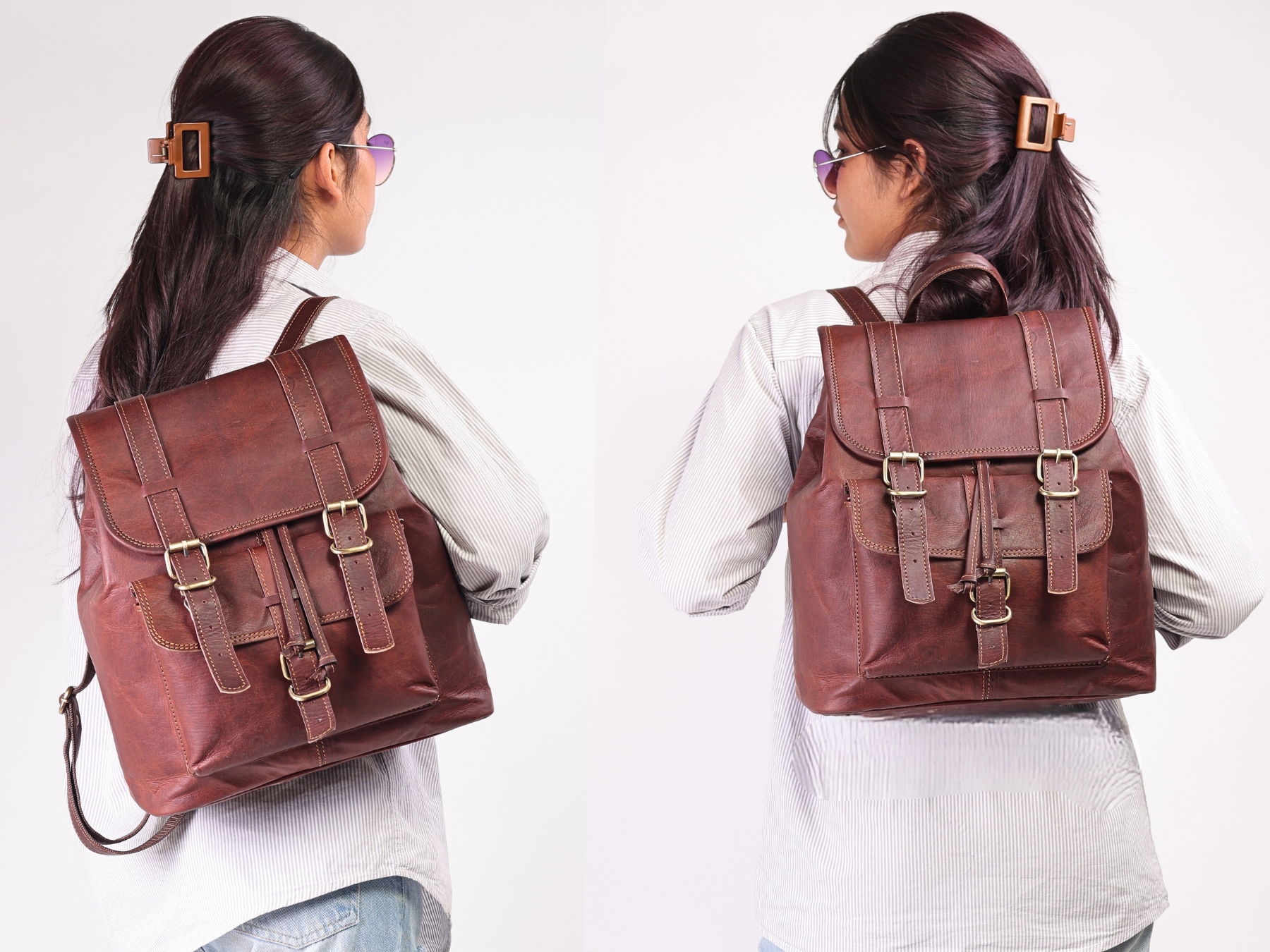 DEKVIO 17 inch large leather backpack brown cognac explorer front view