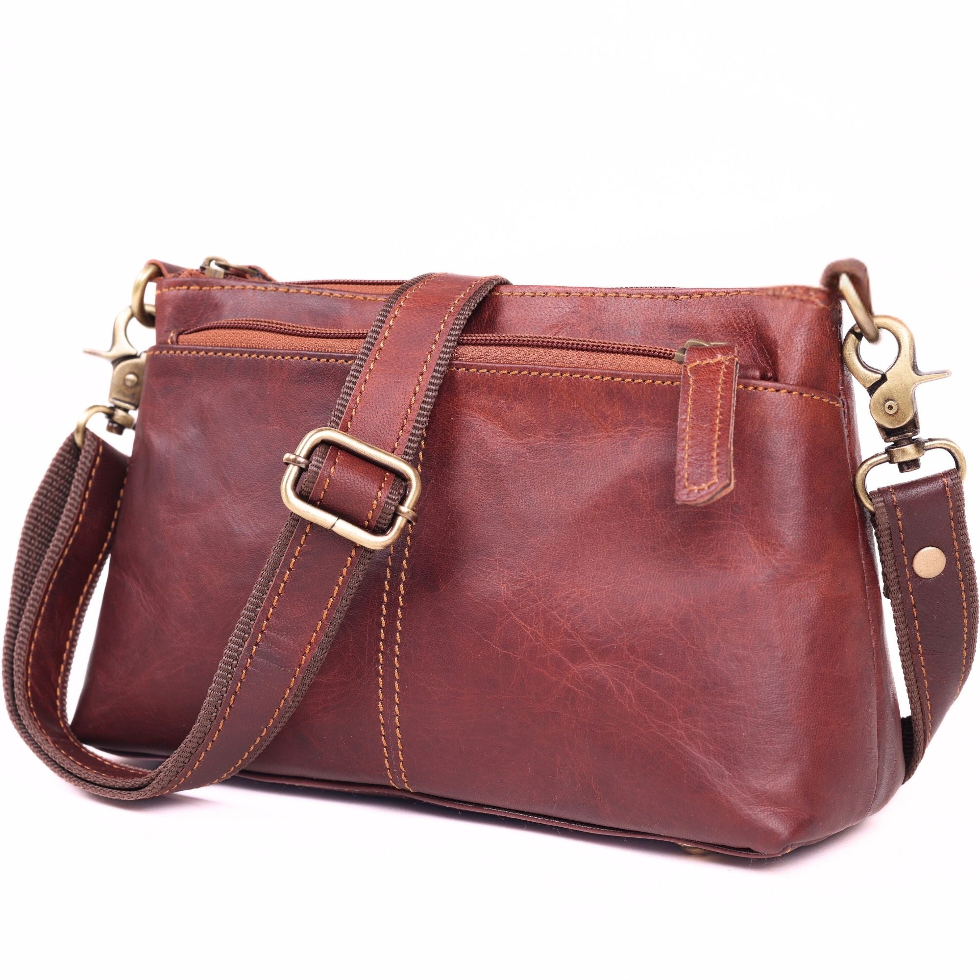DEKVIO Small Genuine Leather Crossbody Purse for Women | 3-Zip Vintage Leather Shoulder Bag | Brown, Coffee, Tan, Black