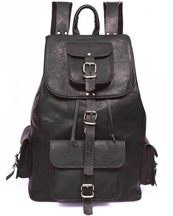 DEKVIO 20 inch leather backpack in Black, front view with push-lock flap and brass buckles