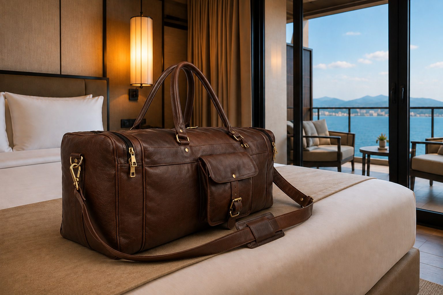 DEKVIO leather duffle bag on hotel bed with ocean view