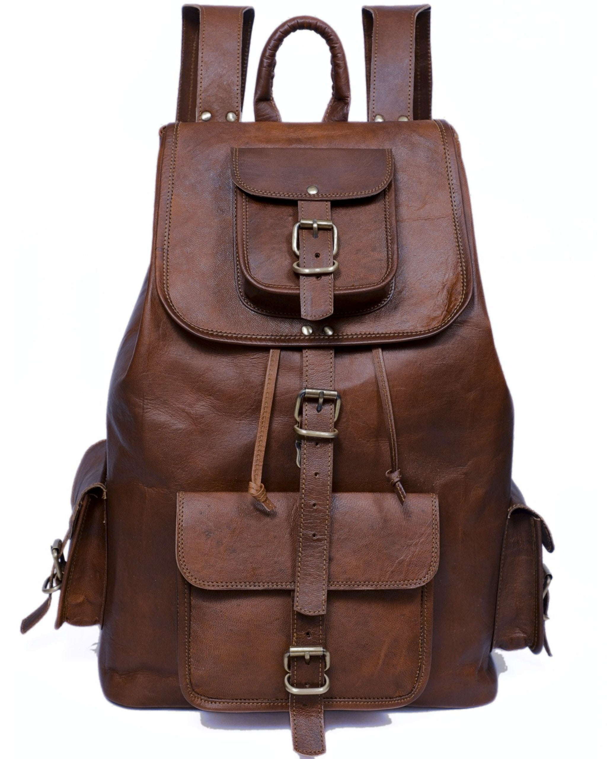 DEKVIO 20 inch leather backpack in Coffee dark brown, front view with push-lock flap and brass buckles
