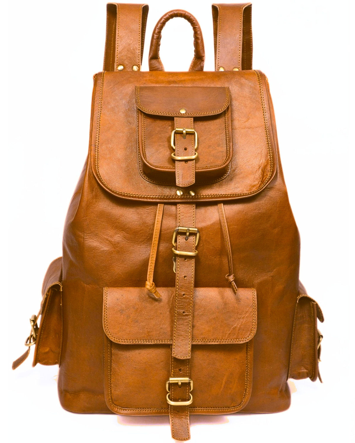 DEKVIO 20 inch leather backpack in Tan, studio front view with push-lock flap and brass buckles