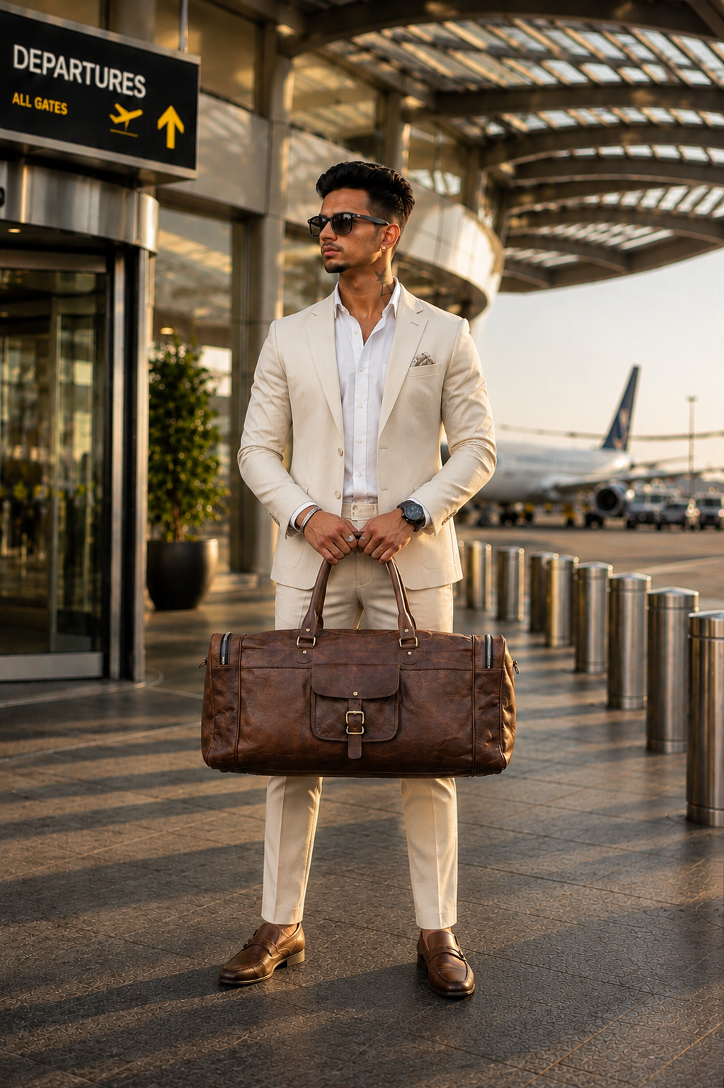 Traveler holding DEKVIO brown leather duffle bag at airport departures