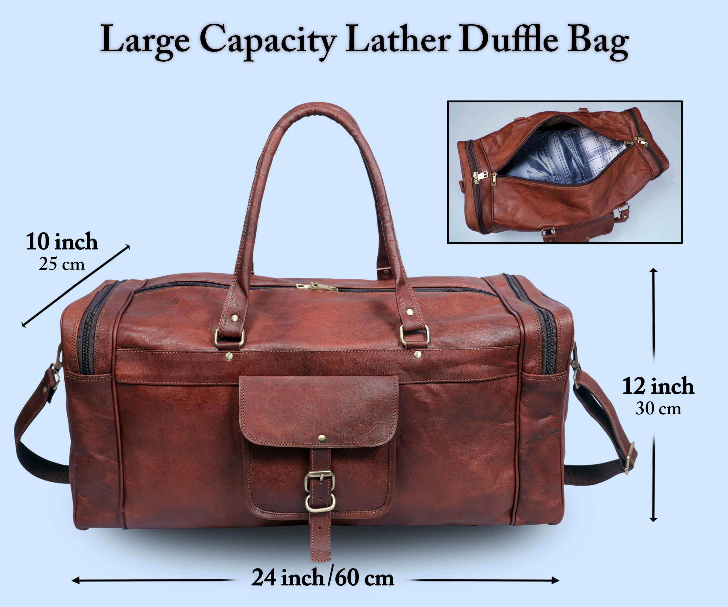 DEKVIO 24 inch leather duffle bag size guide with dimensions