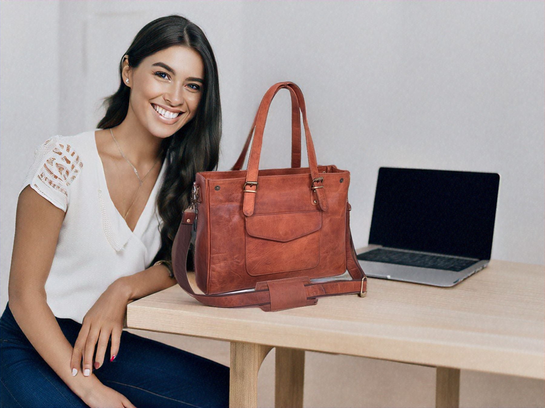 DEKVIO Leather Laptop Tote Bag for Women 15.6 Inch Shoulder Handbag Genuine Leather Work Bag Office Purse with Crossbody Strap