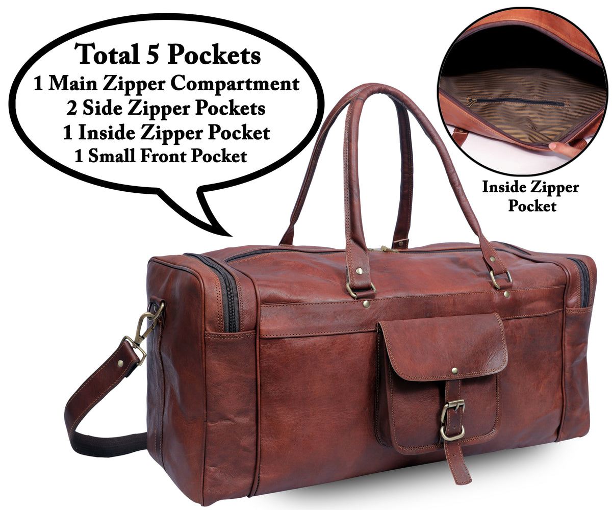 DEKVIO leather duffle bag pockets infographic - 5 pockets layout