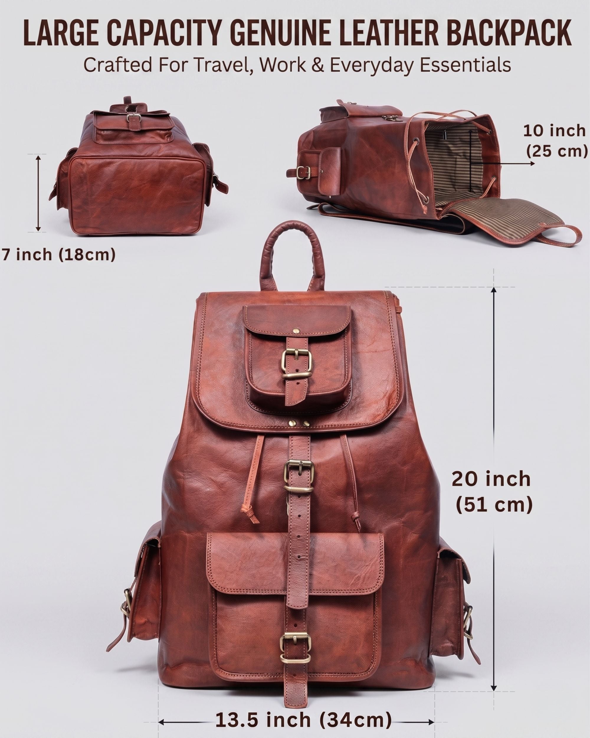 DEKVIO 20" Handcrafted Genuine Leather Backpack | Laptop Rucksack for Men & Women | Travel, Work & College Bag | Brown, Coffee, Tan, Black