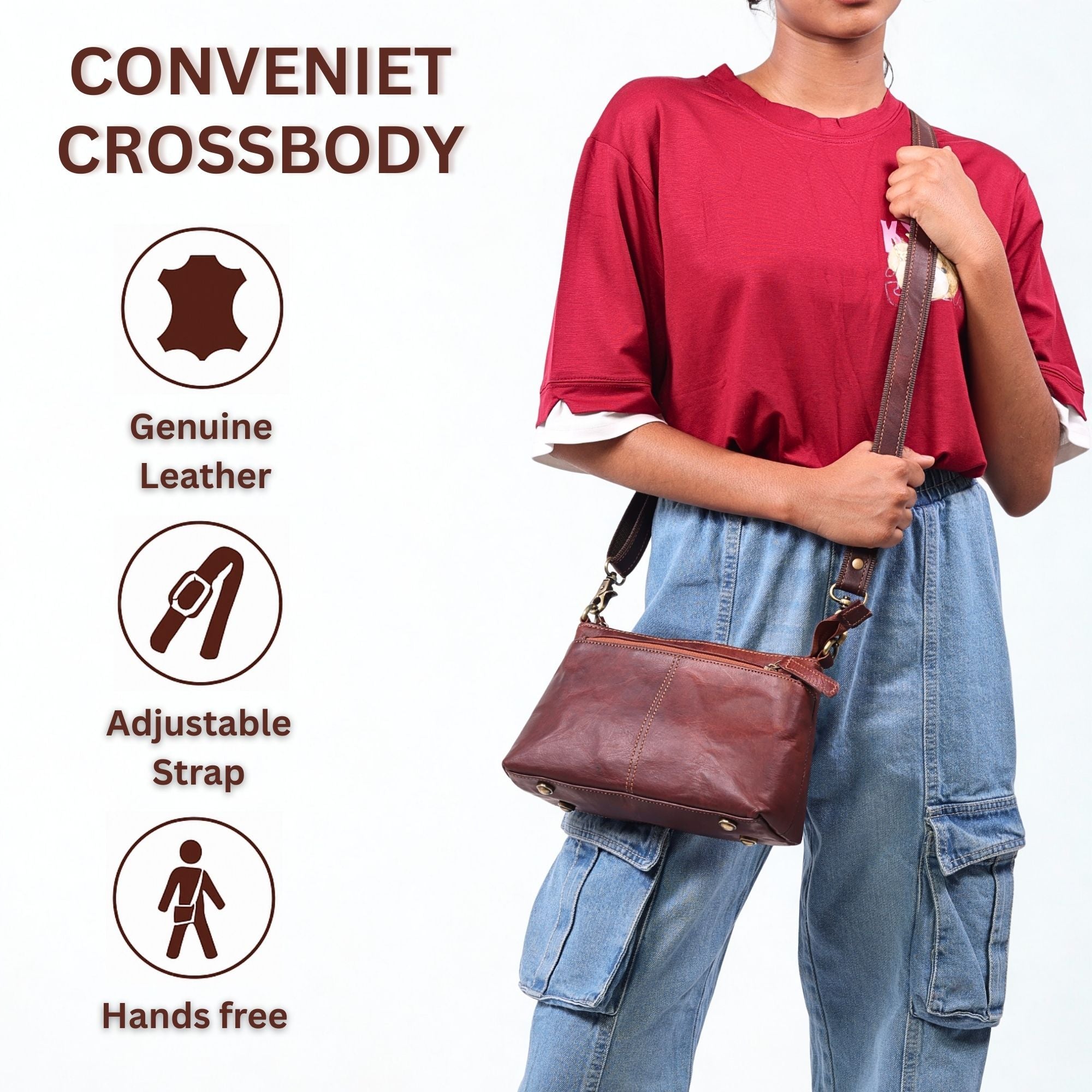 DEKVIO Small Genuine Leather Crossbody Purse for Women | 3-Zip Vintage Leather Shoulder Bag | Brown, Coffee, Tan, Black