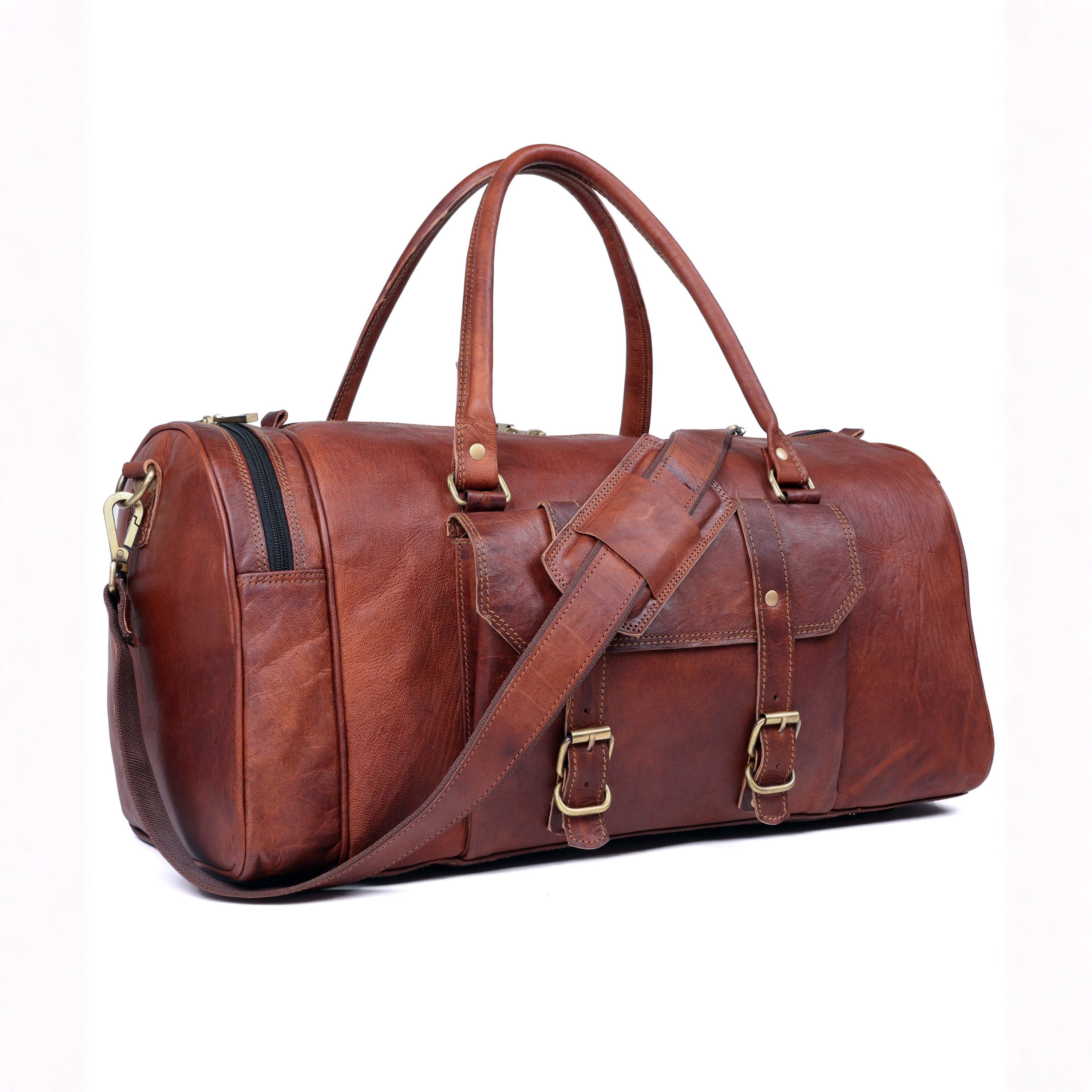 DEKVIO Leather Gym Duffle Bag with Shoe Compartment | Handcrafted Genuine Leather Weekender | Men & Women | Brown, Coffee, Tan, Black