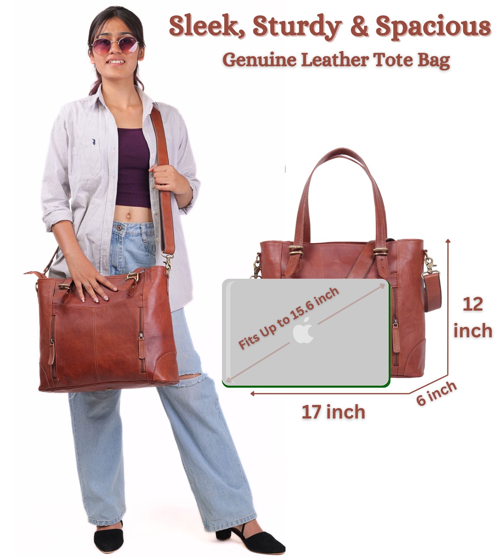 DEKVIO Leather Laptop Tote Bag for Women 15.6 Inch Shoulder Crossbody Handbag Genuine Leather Work Purse with Detachable Strap