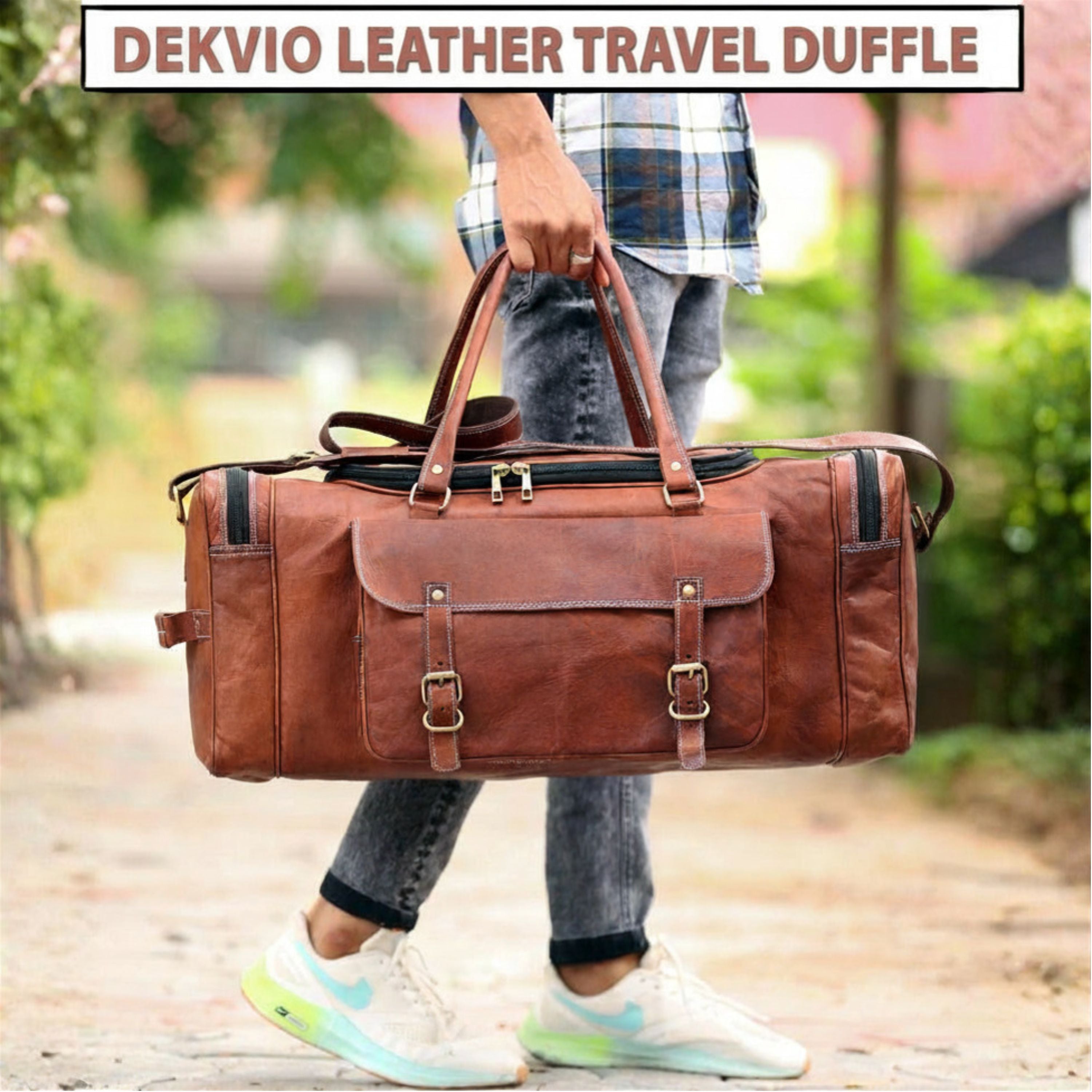 DEKVIO 24" Handcrafted Genuine Leather Duffle Bag | Vintage Travel Holdall | Men & Women | Brown, Coffee, Tan, Black