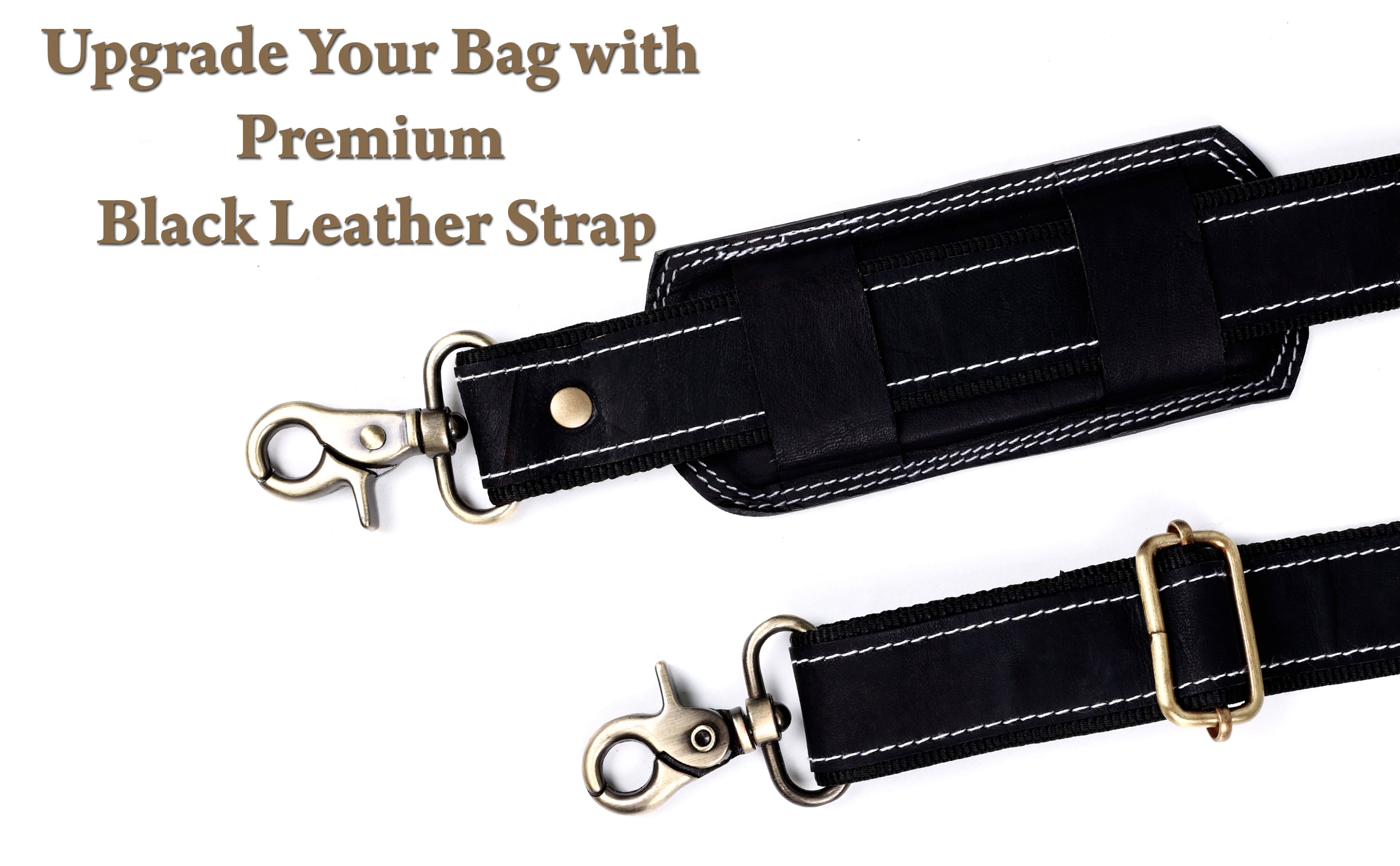 DEKVIO White-Stitch Genuine Leather Replacement Shoulder Strap | Universal Adjustable Crossbody Strap for Duffle, Messenger, Laptop & Briefcase Bags