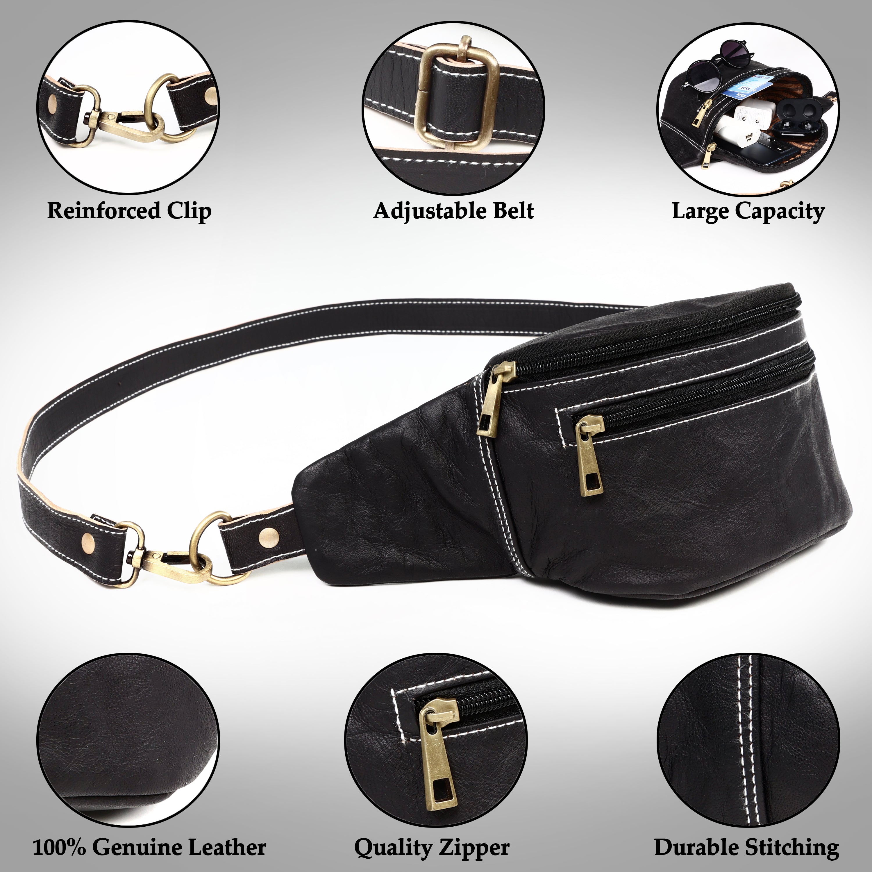 DEKVIO Leather Fanny Pack Belt Bag for Men Women Genuine Leather Waist Bag Crossbody Sling Hands-Free Hip Pack