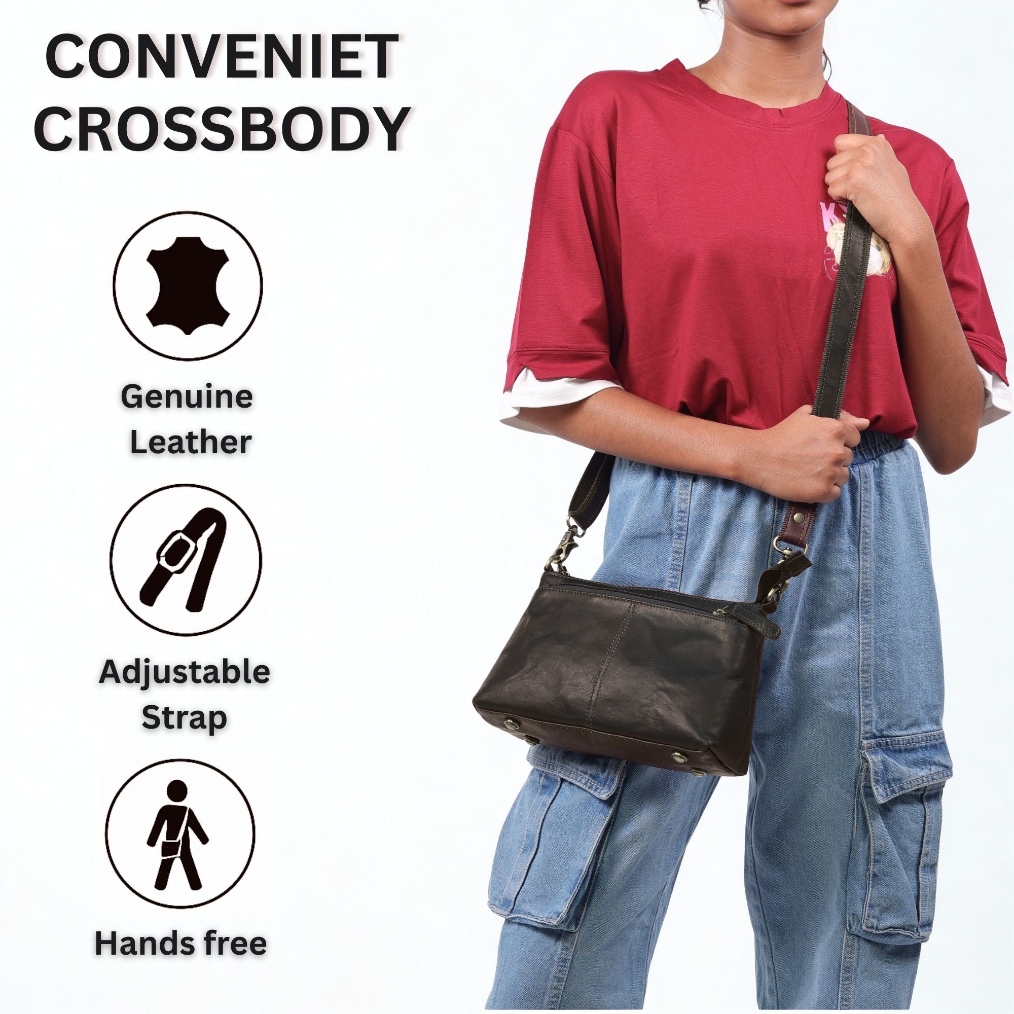 DEKVIO Small Genuine Leather Crossbody Purse for Women | 3-Zip Vintage Leather Shoulder Bag | Brown, Coffee, Tan, Black