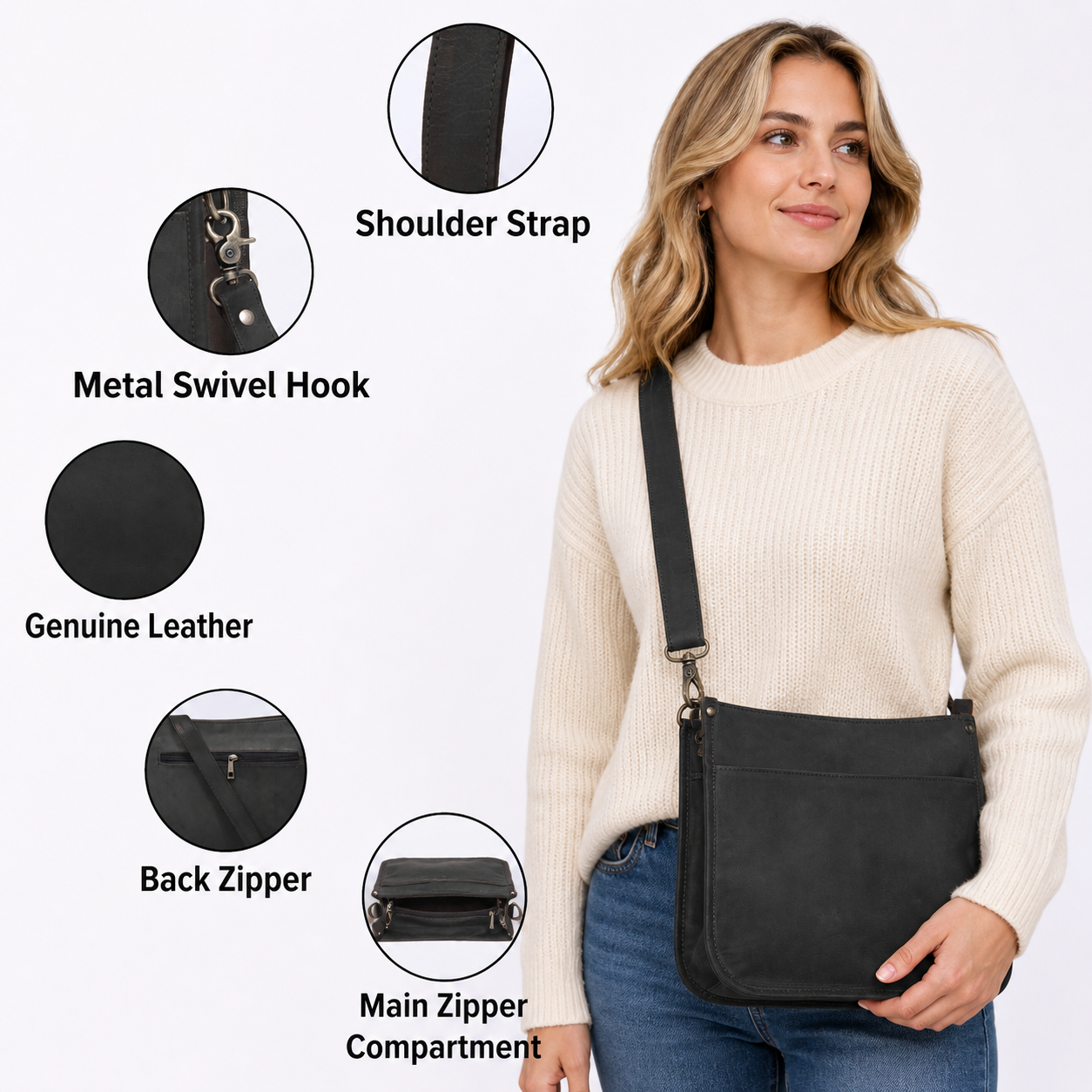 DEKVIO Leather Messenger Crossbody Bag for Women | Full Grain Genuine Leather Shoulder Purse | Adjustable Strap | Brown, Coffee, Tan, Black