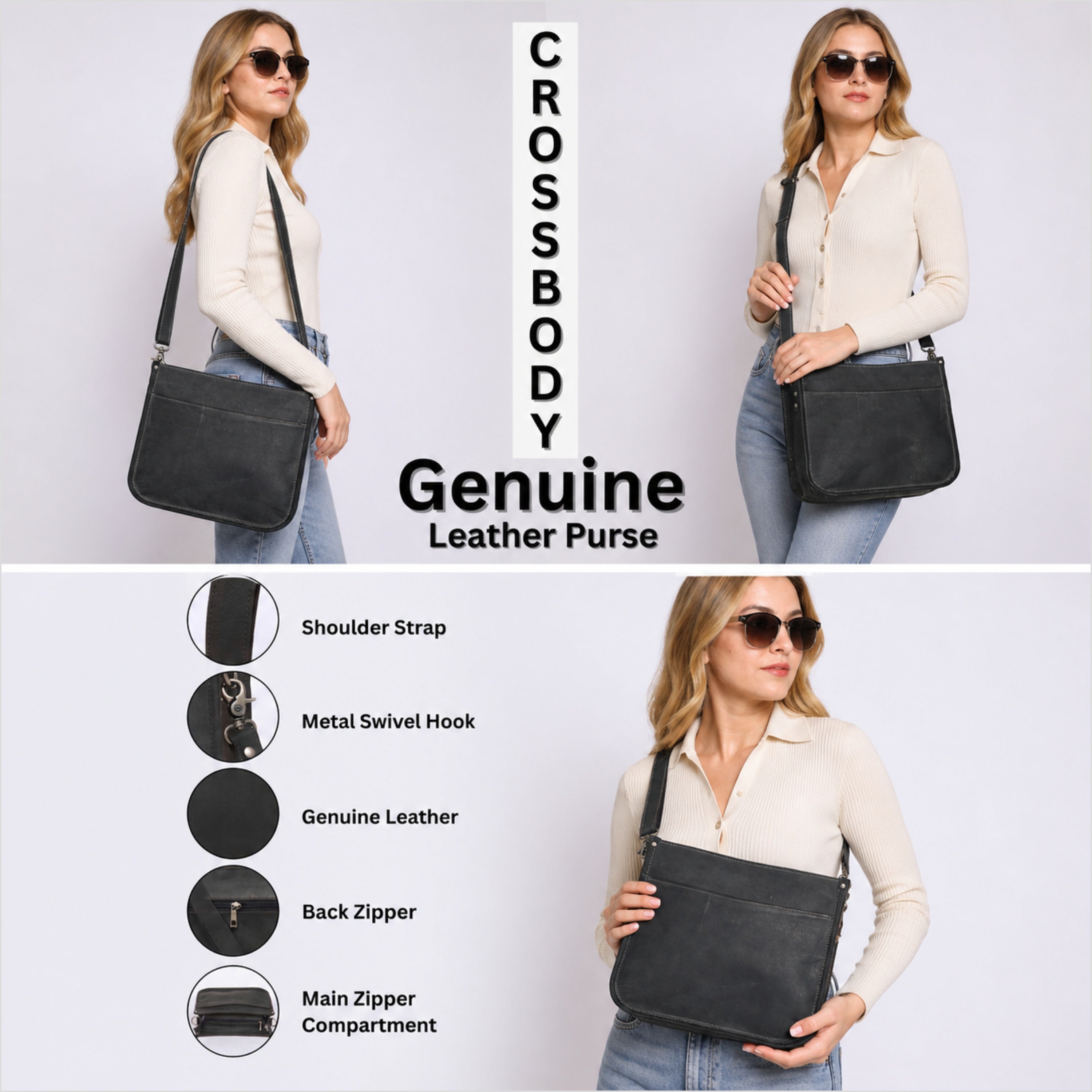DEKVIO Leather Messenger Crossbody Bag for Women | Full Grain Genuine Leather Shoulder Purse | Adjustable Strap | Brown, Coffee, Tan, Black