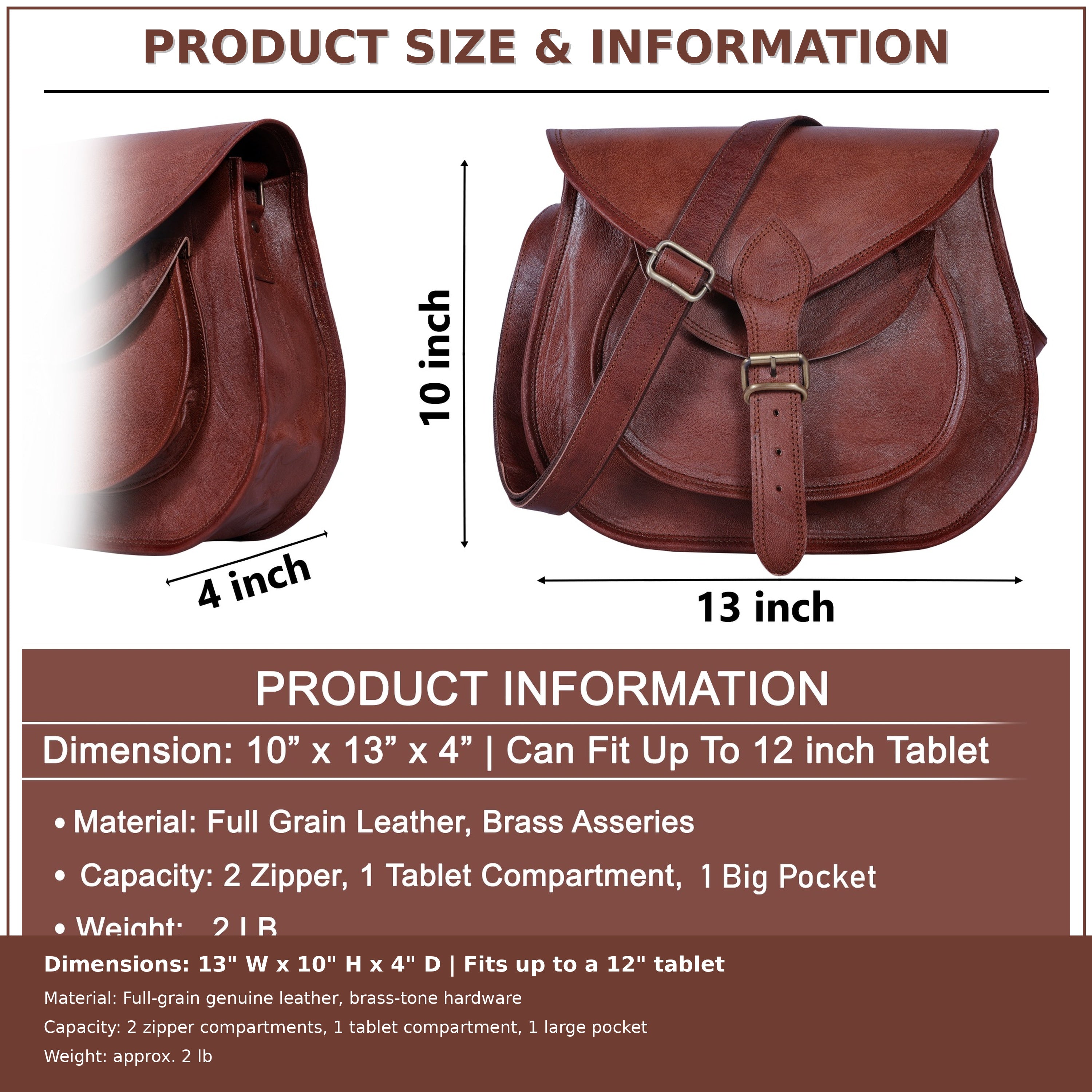 DEKVIO Leather Crossbody Saddle Bag for Women | Genuine Full Grain Leather Purse | Handcrafted Shoulder Bag | Fits 12" Tablet | Brown, Coffee, Tan, Black