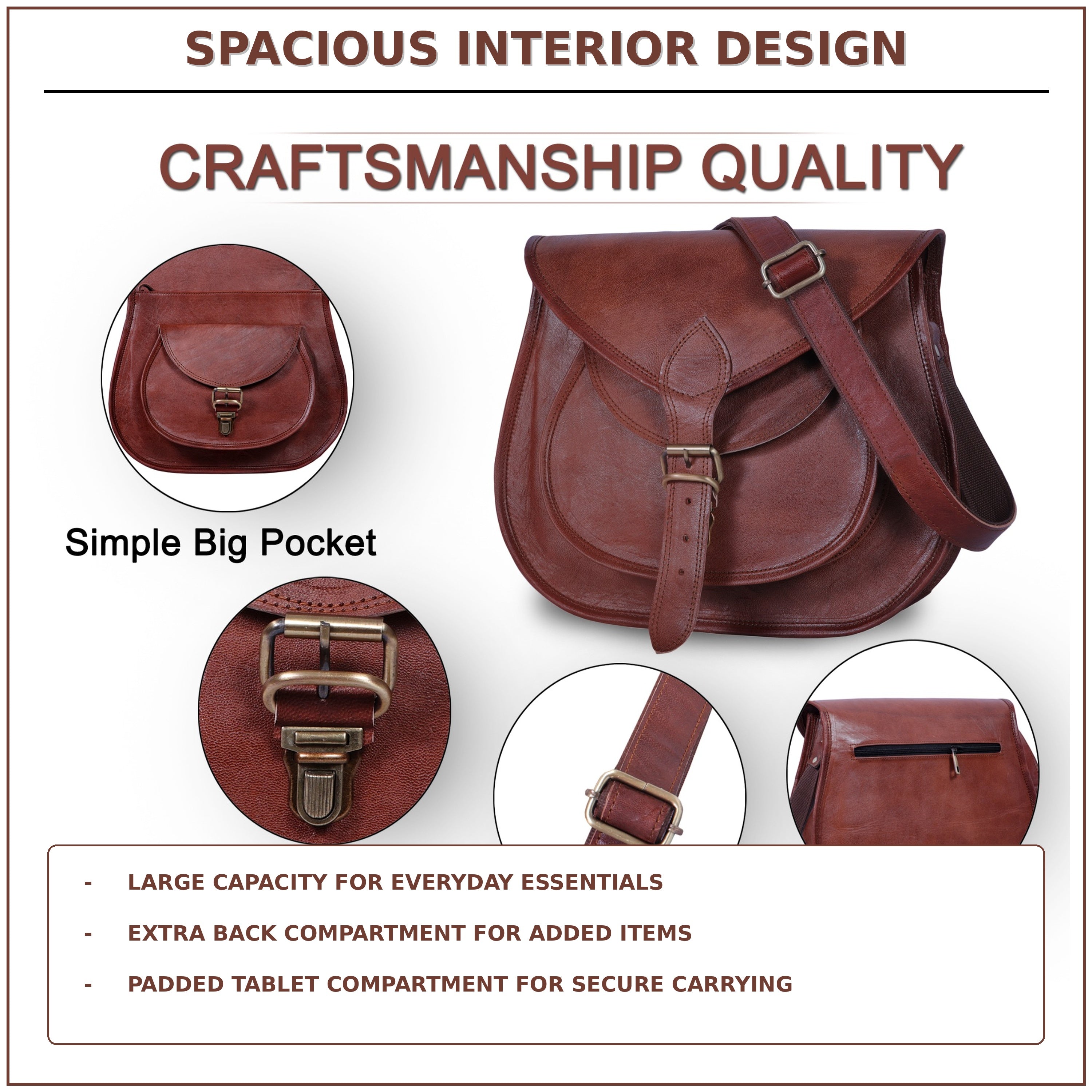 DEKVIO Leather Crossbody Saddle Bag for Women | Genuine Full Grain Leather Purse | Handcrafted Shoulder Bag | Fits 12" Tablet | Brown, Coffee, Tan, Black
