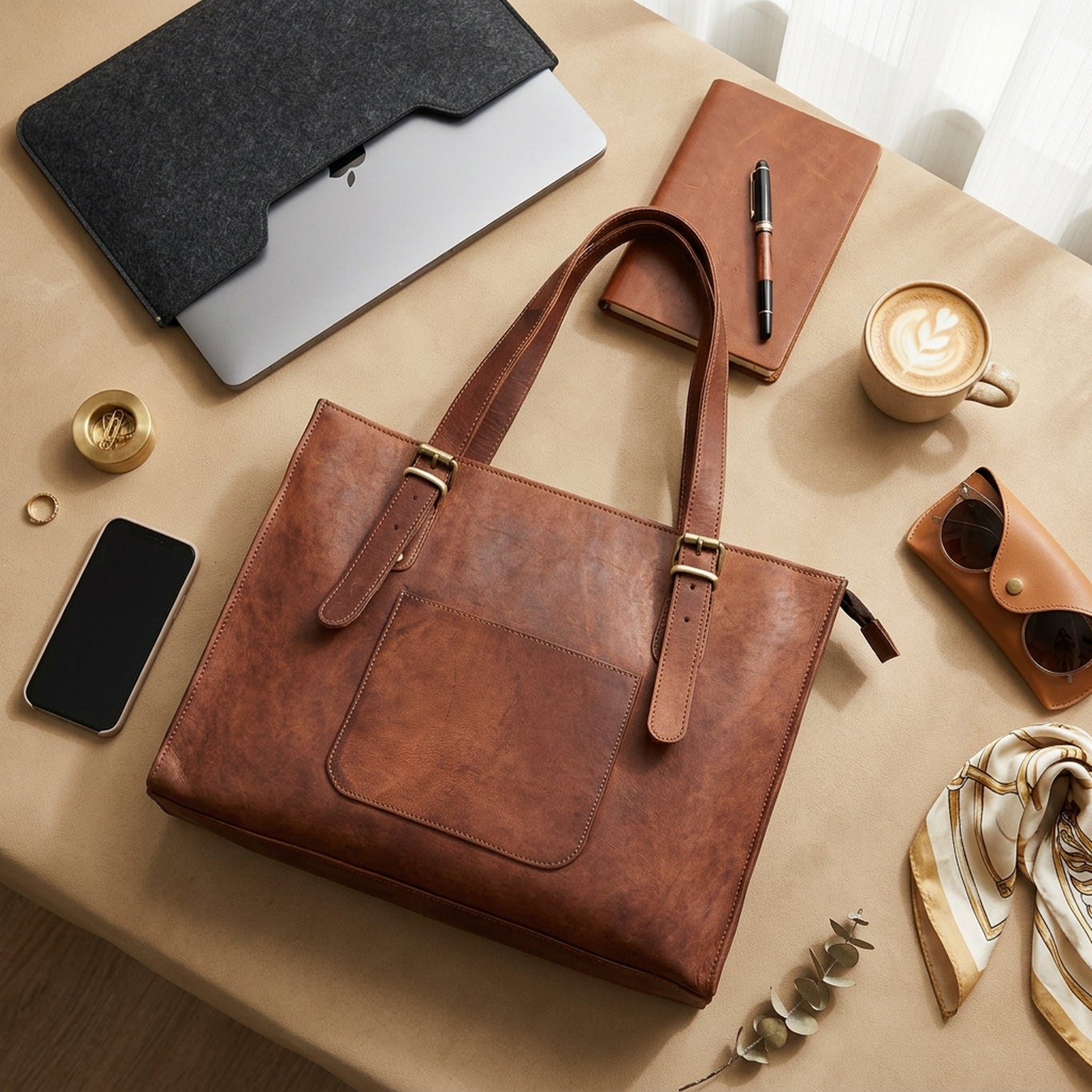 DEKVIO Leather Laptop Tote Bag for Women 15.6 Inch Work Bag Shoulder Handbag with Trolley Sleeve Office Travel Purse