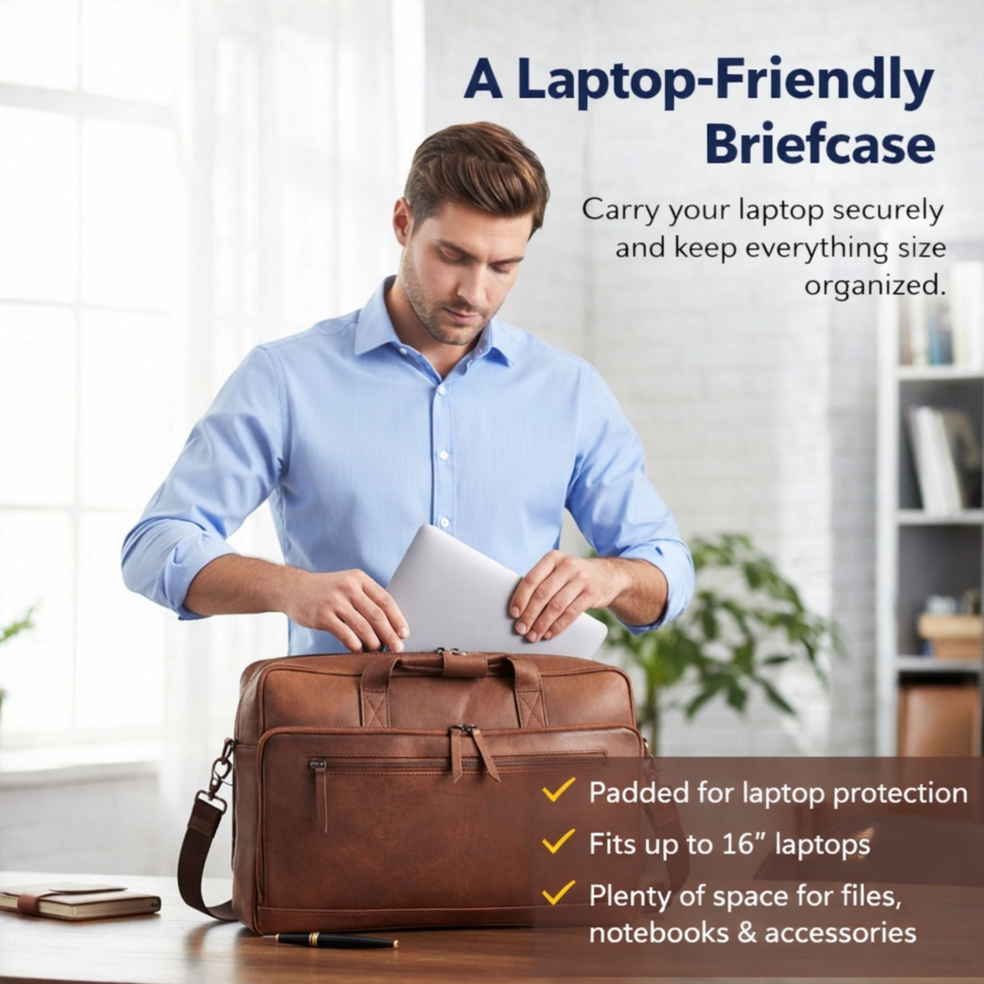 DEKVIO Leather Laptop Briefcase 16 Inch Professional Business Bag for Men Women Modern Work Bag with Trolley Sleeve