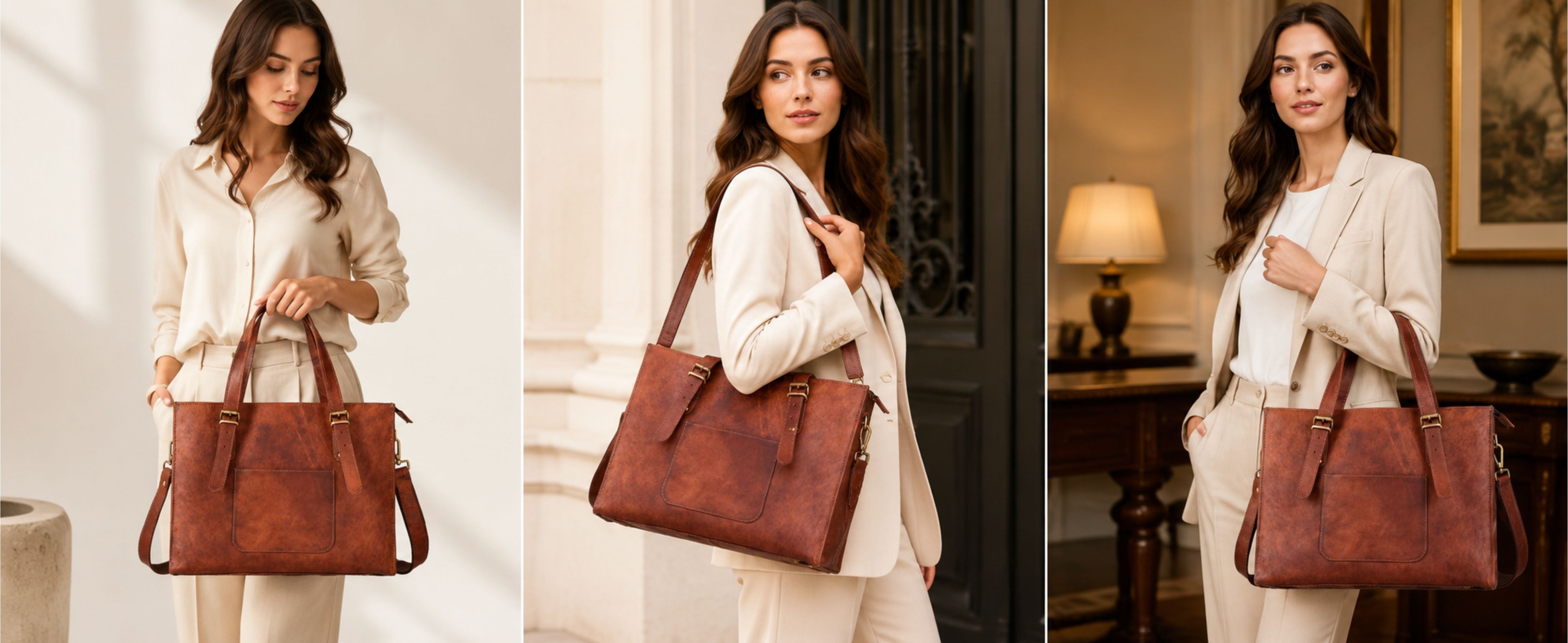 DEKVIO Leather Laptop Tote Bag for Women 15.6 Inch Work Bag Shoulder Handbag with Trolley Sleeve Office Travel Purse